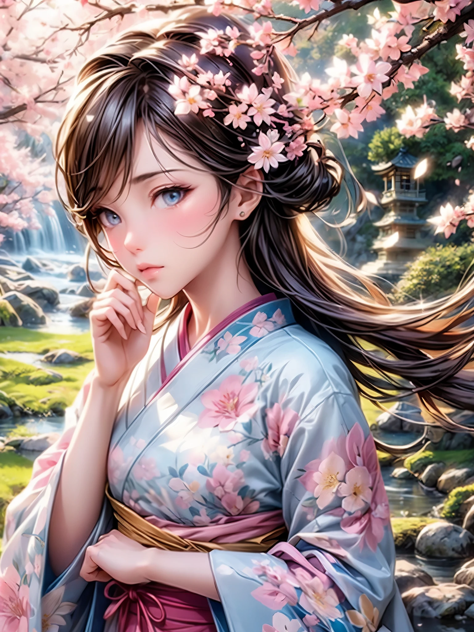 (best quality,highres,ultra-detailed,realistic)
(portraits)
(soft pastel colors)
(with soft sunlight and gentle breeze)
(sakura petals falling all around her)
(her cherry blossom hanami dress flowing in the wind)
(her eyes shining with wonder and joy)
(her cheeks blushing with the pink hues of the blossoms)
(her delicate fingers reaching out to touch the petals)
(the tree branches filled with vibrant pink and white blossoms)
(the serene beauty of the Japanese garden in the background)
(the distant sound of a traditional bamboo flute playing)
(butterflies fluttering around her)
(cherry blossom scent lingering in the air)
(a feeling of tranquility and harmony)
(a moment frozen in time, capturing the essence of spring)