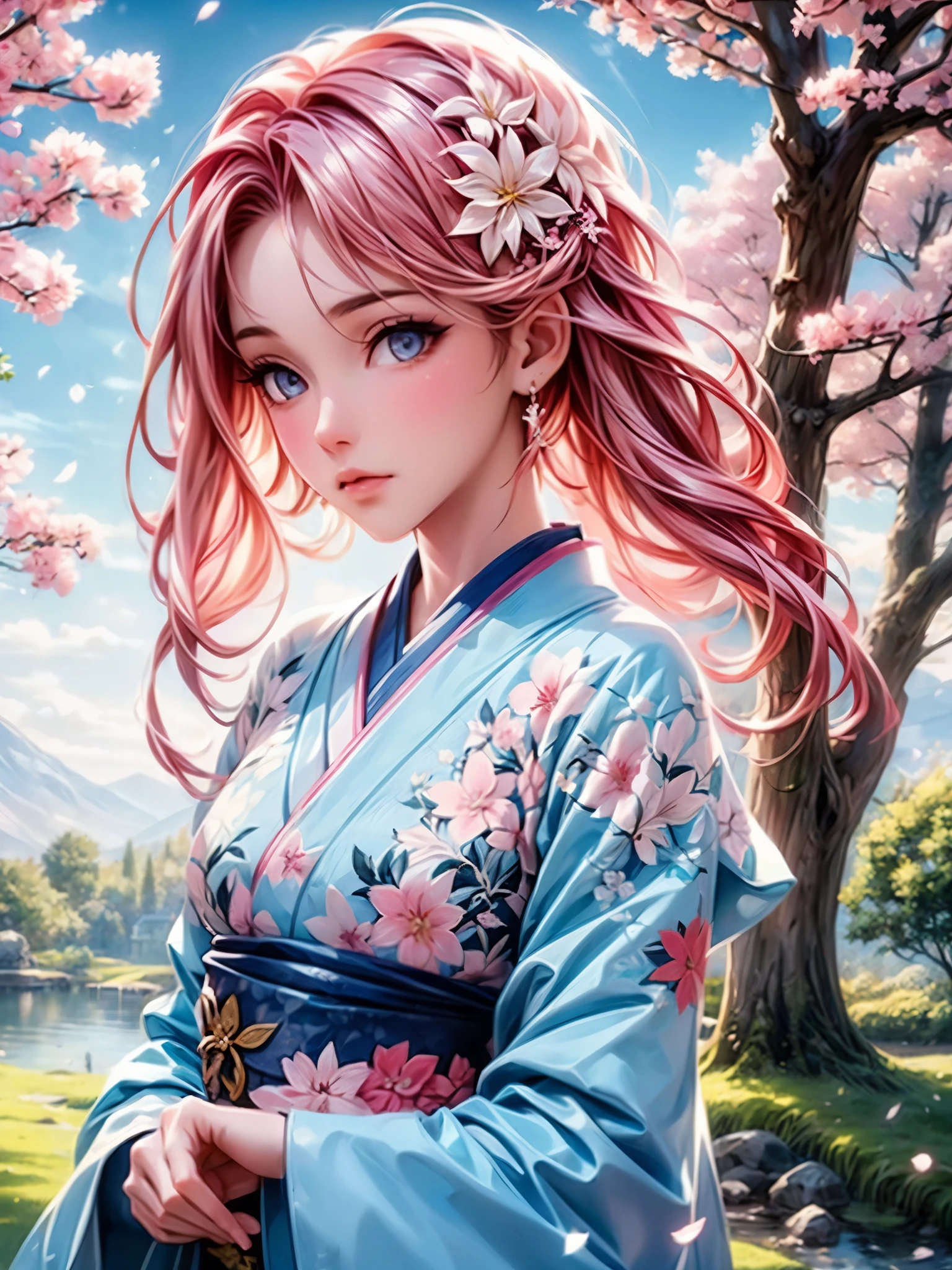 (best quality,highres,ultra-detailed,realistic)
(portraits)
(soft pastel colors)
(with soft sunlight and gentle breeze)
(sakura petals falling all around her)
(her cherry blossom hanami dress flowing in the wind)
(her eyes shining with wonder and joy)
(her cheeks blushing with the pink hues of the blossoms)
(her delicate fingers reaching out to touch the petals)
(the tree branches filled with vibrant pink and white blossoms)
(the serene beauty of the Japanese garden in the background)
(the distant sound of a traditional bamboo flute playing)
(butterflies fluttering around her)
(cherry blossom scent lingering in the air)
(a feeling of tranquility and harmony)
(a moment frozen in time, capturing the essence of spring)