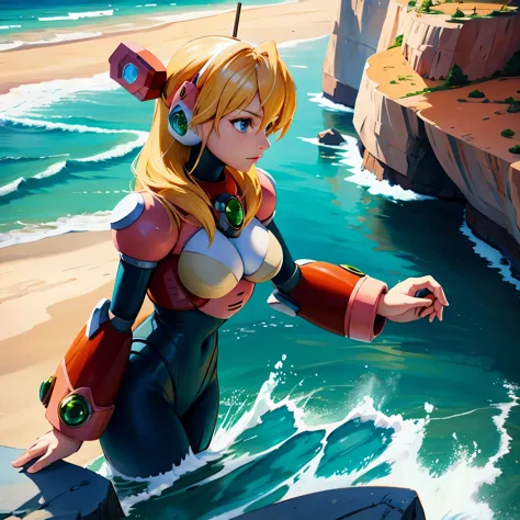 alia_megamanx, 1girl, solo, breasts, blue eyes, blonde hair, android, long hair, robot ears, overlooking the ocean on the edge o...