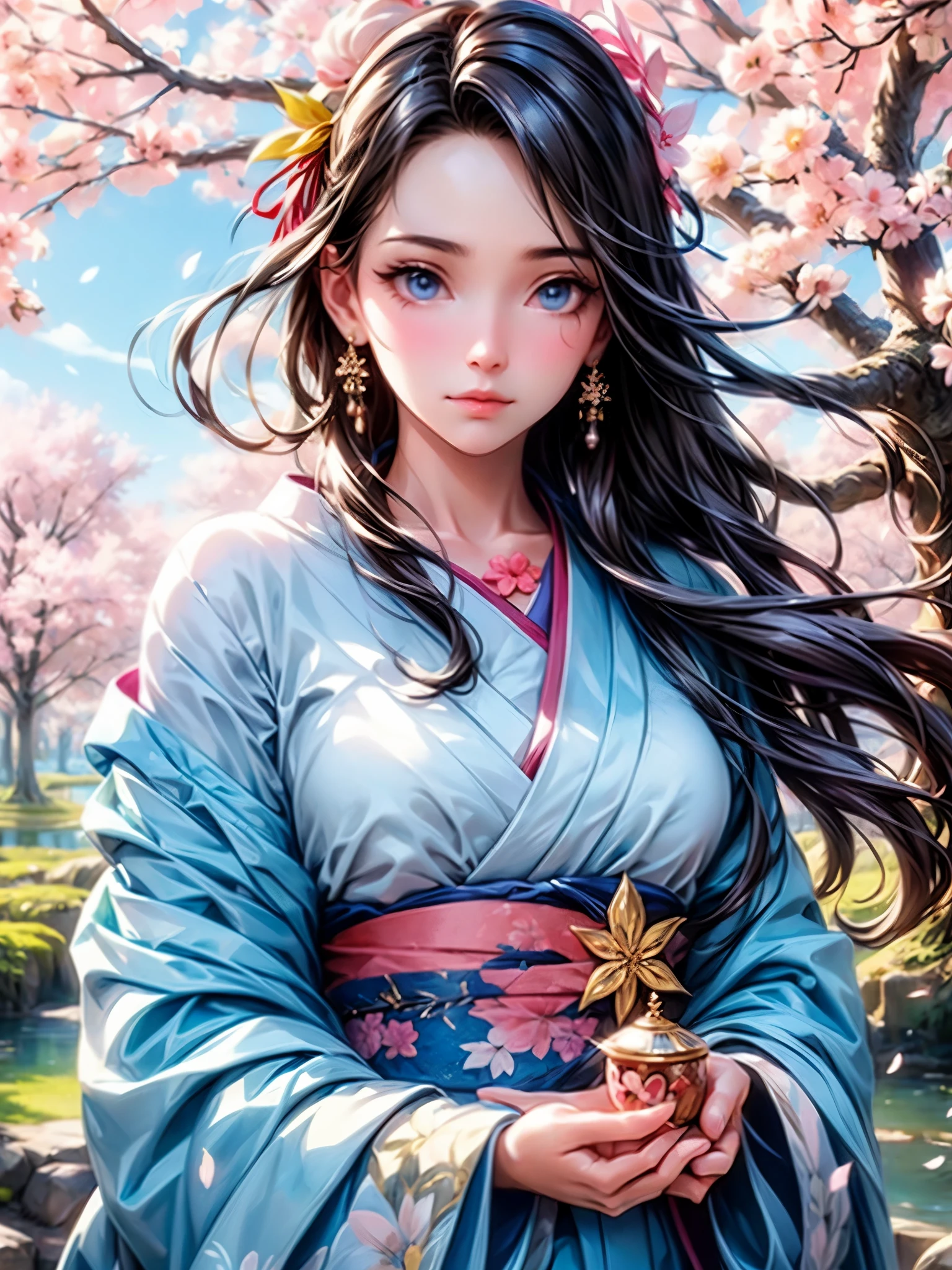 (best quality,ultra-detailed,realistic:1.37),traditional Japanese painting,Kimono,gentle breeze,soft pastel color palette,sunshine filtering through the branches,delicate cherry blossoms unfolding in the sky,falling petals,serene expression,peaceful garden,beautiful tranquility,zen-like atmosphere,whispering leaves,touch of pink and white,ethereal beauty,harmony between nature and human,delicate brush strokes,fleeting moment,calmness and serenity,graceful posture of the girl,subtle shades,traditional Japanese garden,pure and innocent gaze,silence and stillness,seasonal beauty,timeless charm.