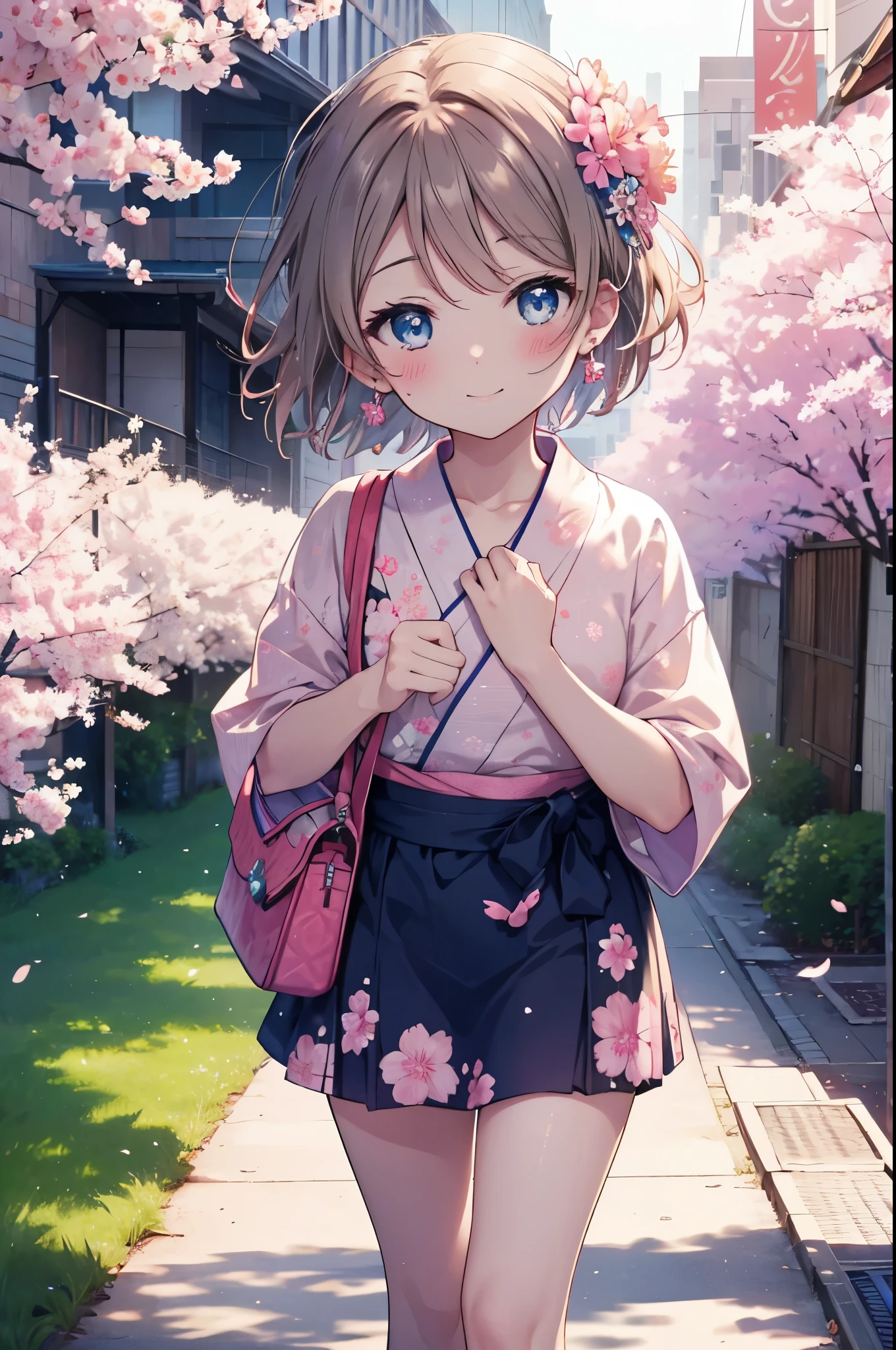 Mr. Watanabe,Mr. Watanabe,brown hair,short hair,blue eyes,blush,medium chest,smile,ship anchor earrings,light blue floral pattern yukata,Zori sandals,walking,Cherry blossoms are scattered,pink scenery, break outdoors, Cherry blossom tree-lined path, break (masterpiece:1.2), highest quality, High resolution, unity 8k wallpaper, (shape:0.8), highly detailed face, perfect lighting, Very detailed CG, (perfect hands, perfect anatomy),