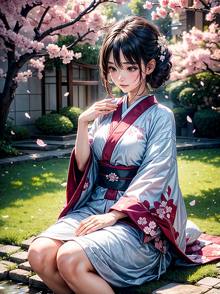 (best quality,4k,highres,masterpiece:1.2),ultra-detailed,realistic,photorealistic:1.37,portrait,soft pastel colors,warm lighting,japanese traditional clothes,falling cherry blossom petals,subtle wind movement,serene expression,delicate cherry blossom petals on the ground,pink and white color palette,traditional japanese garden,ethereal atmosphere,subtle hint of sunlight filtering through the branches,serene and calm ambiance,gentle and graceful pose,peaceful and tranquil setting,whispering sound of the wind passing through the leaves,natural and organic composition,subtle strokes of brushwork,sakura branches weaving together to form a canopy of blooms,gleaming and glossy cherry blossom petals,rich and luscious foliage,natural and authentic textures,vivid and vibrant colors,soft and dreamy atmosphere.