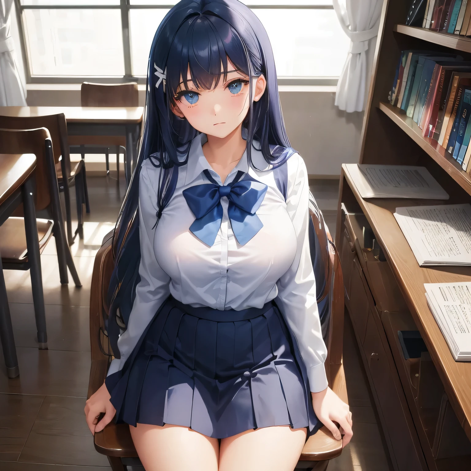 1 high school girl　alone　high school uniform　White Y shirt long sleeve　vest　ribbon　dark blue hair color　dark blue hair color　big breasts　library　学校のlibrary　bookshelf　sit on a chair　loafers　full body portrait　slim body shape　sitting pose　put your feet together