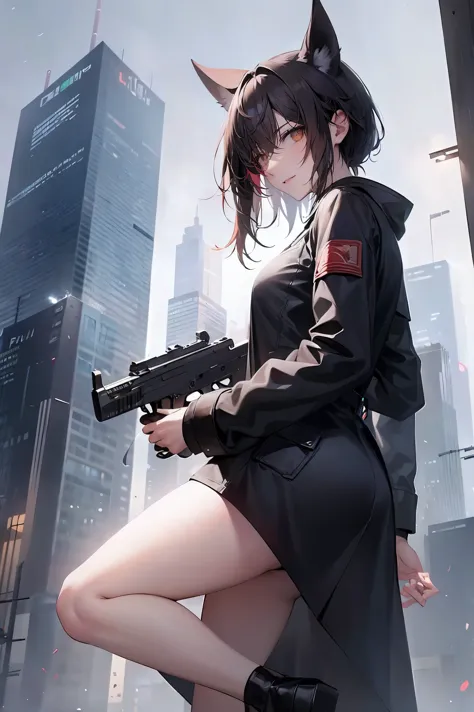 8k, High resolution, Realistic, High quality, Masterpiece, Character from a low angle, Showing the area below the feet, Wearing a black coat and holding a gun, Urban background with skyscrapers, Dusk or dawn time
