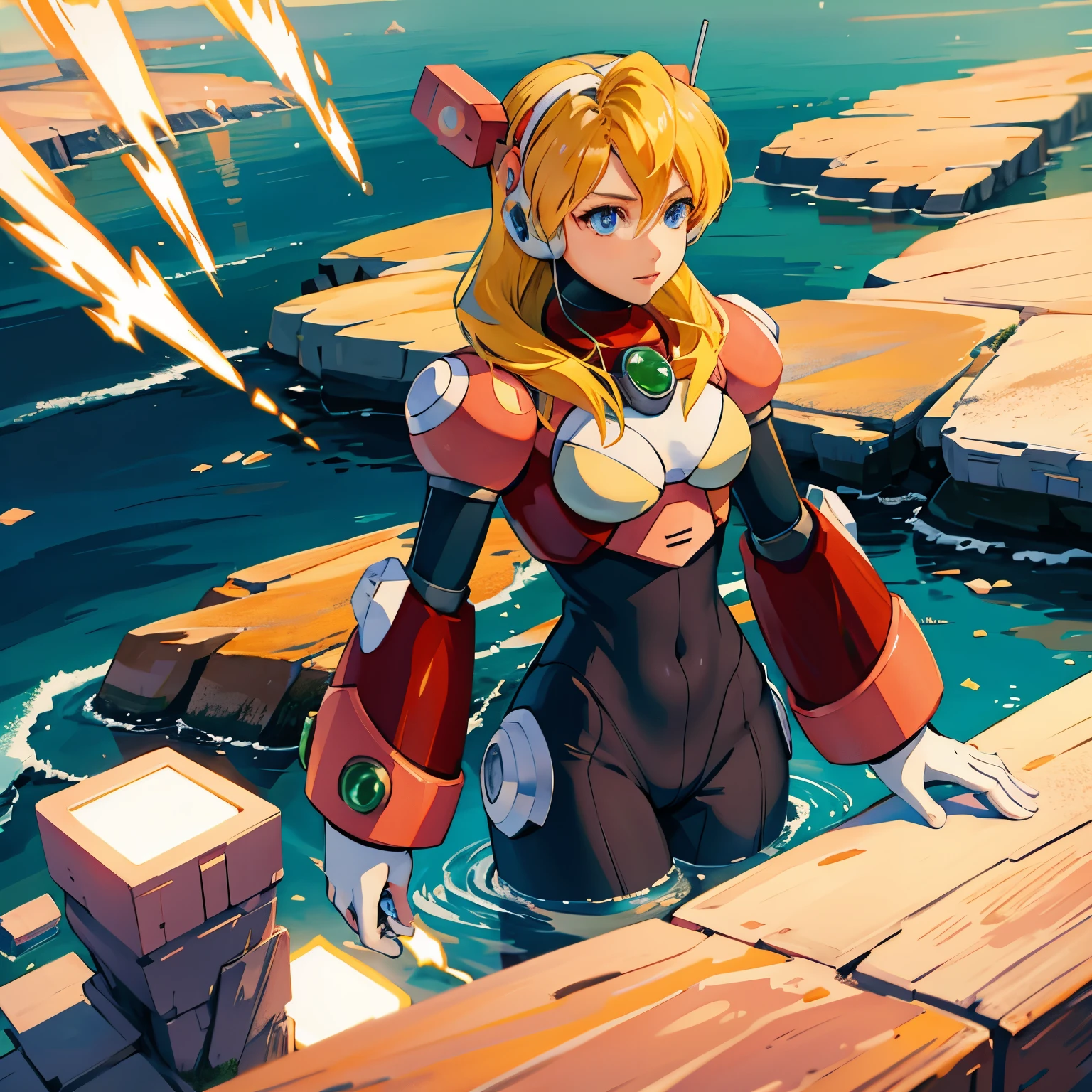 alia_megamanx, 1girl, solo, breasts, blue eyes, blonde hair, android, long hair, robot ears, overlooking the ocean on the edge of a rock, in the style of avian-themed, realistic yet stylized, villagecore, azure, orange and azure, dragoncore, aerial view