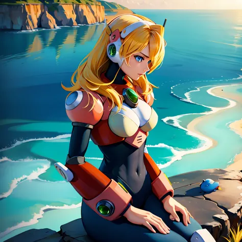 alia_megamanx, 1girl, solo, breasts, blue eyes, blonde hair, android, long hair, robot ears, overlooking the ocean on the edge of a rock, in the style of avian-themed, realistic yet stylized, villagecore, azure, orange and azure, dragoncore, aerial view
