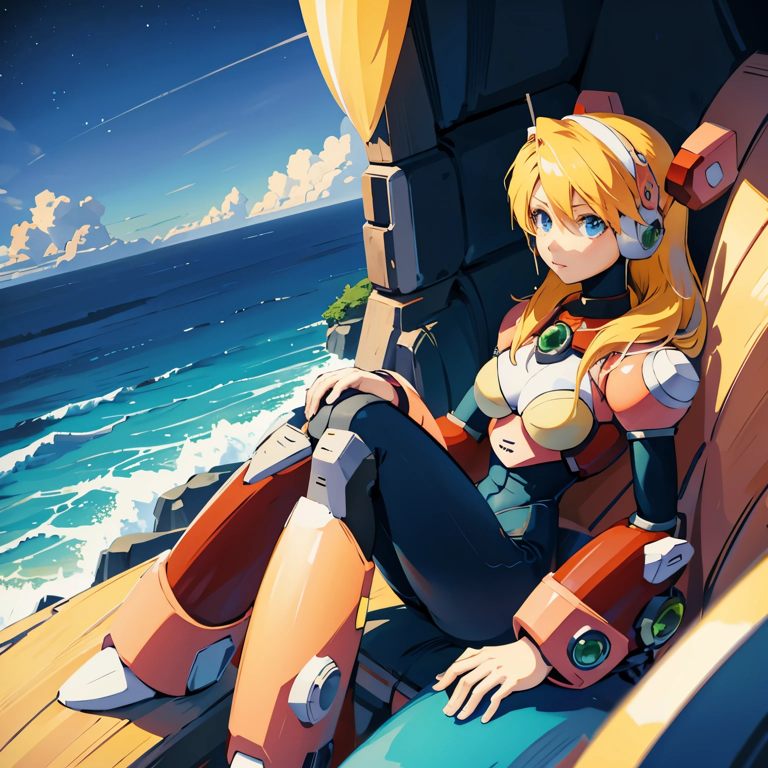 alia_megamanx, 1girl, solo, breasts, blue eyes, blonde hair, android, long hair, robot ears, overlooking the ocean on the edge of a rock, in the style of avian-themed, realistic yet stylized, villagecore, azure, orange and azure, dragoncore, aerial view