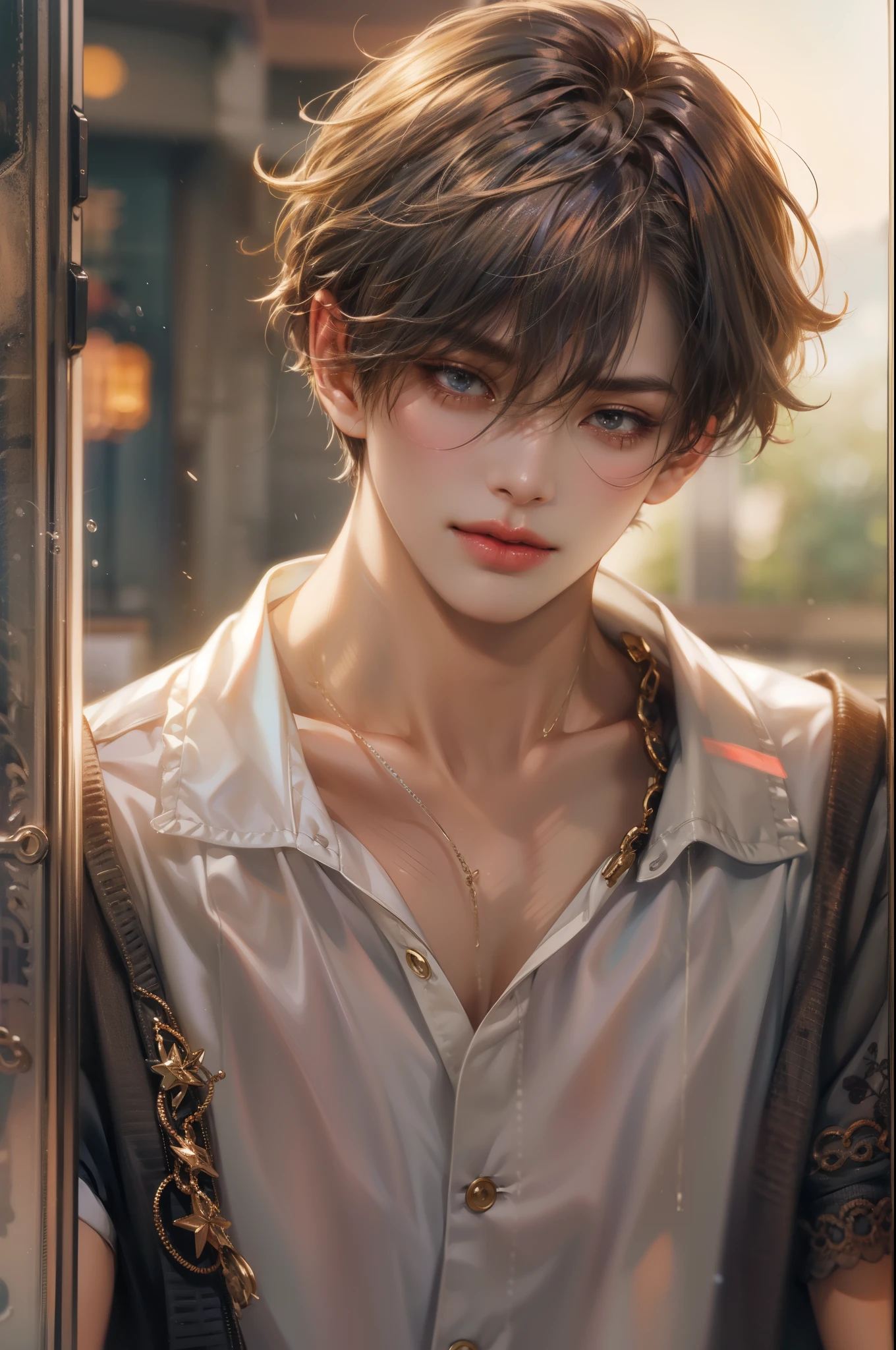 (absurdres, highres, ultra detailed, HDR), masterpiece, best quality, Netflix series Singles Inferno character, handsome young boy, short hair, korean handsome face, anime eyes, detailed scenery of a private resort, detailed character