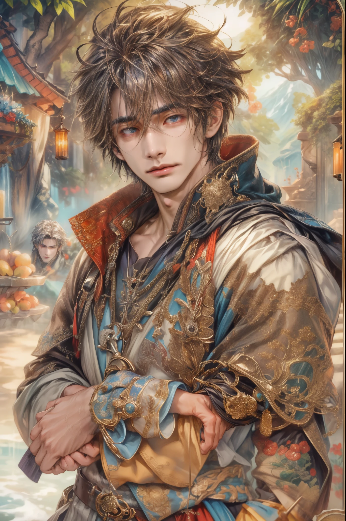 (absurdres, highres, ultra detailed, HDR), masterpiece, Intricate details,best quality picture of a character from Final Fantasy Brave, manly face handsome teen boy with short Hair anime eyes, intricate details on face, brave look, in a detailed outside paradise sanctuary scenery, detailed character, art kenouji