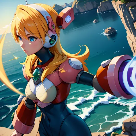 alia_megamanx, 1girl, solo, breasts, blue eyes, blonde hair, android, long hair, robot ears, overlooking the ocean on the edge o...