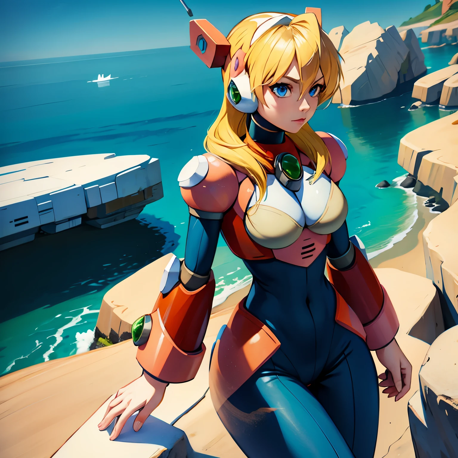 alia_megamanx, 1girl, solo, breasts, blue eyes, blonde hair, android, long hair, robot ears, overlooking the ocean on the edge of a rock, in the style of avian-themed, realistic yet stylized, villagecore, azure, orange and azure, dragoncore, aerial view