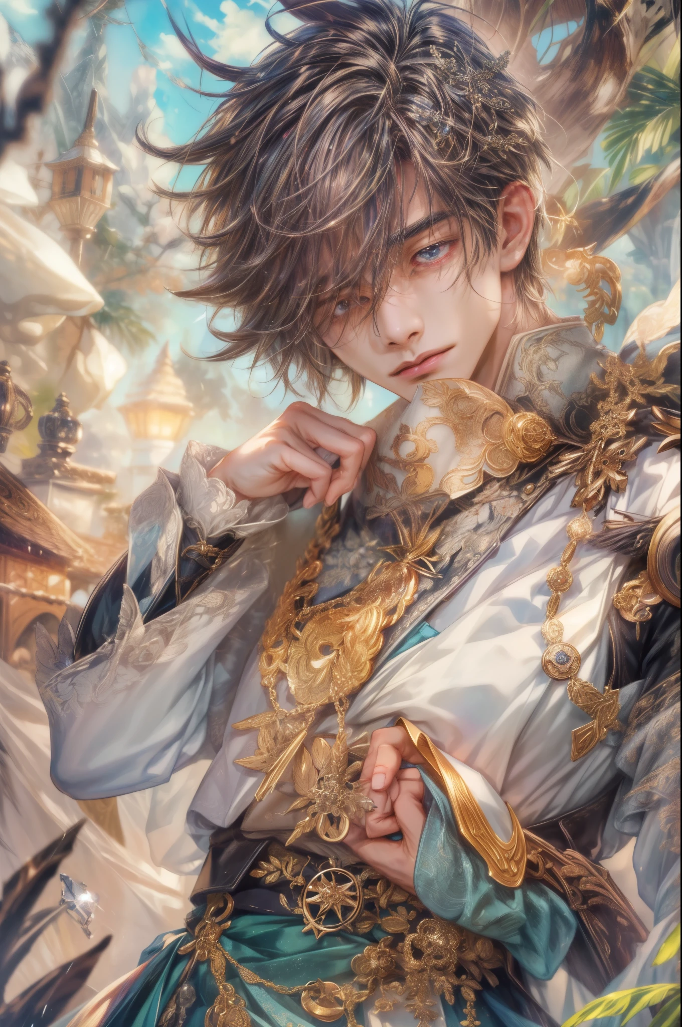 (absurdres, highres, ultra detailed, HDR), masterpiece, Intricate details,best quality picture of a character from Genshin Impact, manly face handsome teen boy with short Hair anime eyes, intricate details on face, brave look, in a detailed outside paradise sanctuary scenery, detailed character, art kenouji