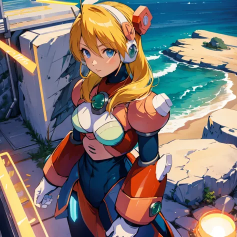 alia_megamanx, 1girl, solo, breasts, blue eyes, blonde hair, android, long hair, robot ears, overlooking the ocean on the edge o...