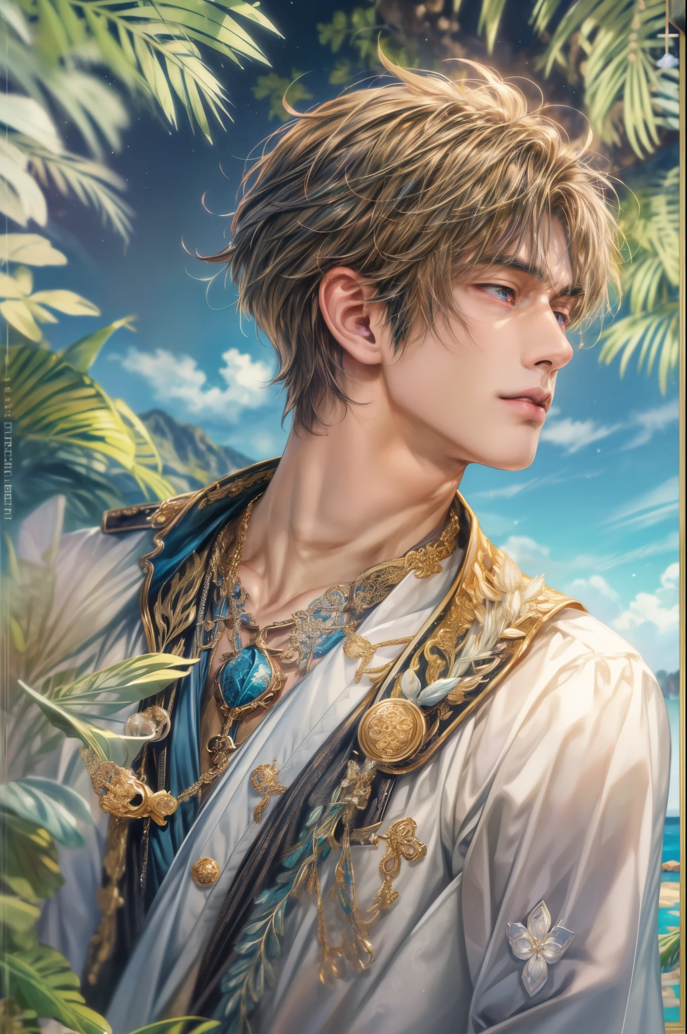 (absurdres, highres, ultra detailed, HDR), masterpiece, Intricate details,best quality picture of a character from Genshin Impact, manly face handsome teen boy with short Hair anime eyes, intricate details on face, brave look, in a detailed outside paradise sanctuary scenery, detailed character, art kenouji