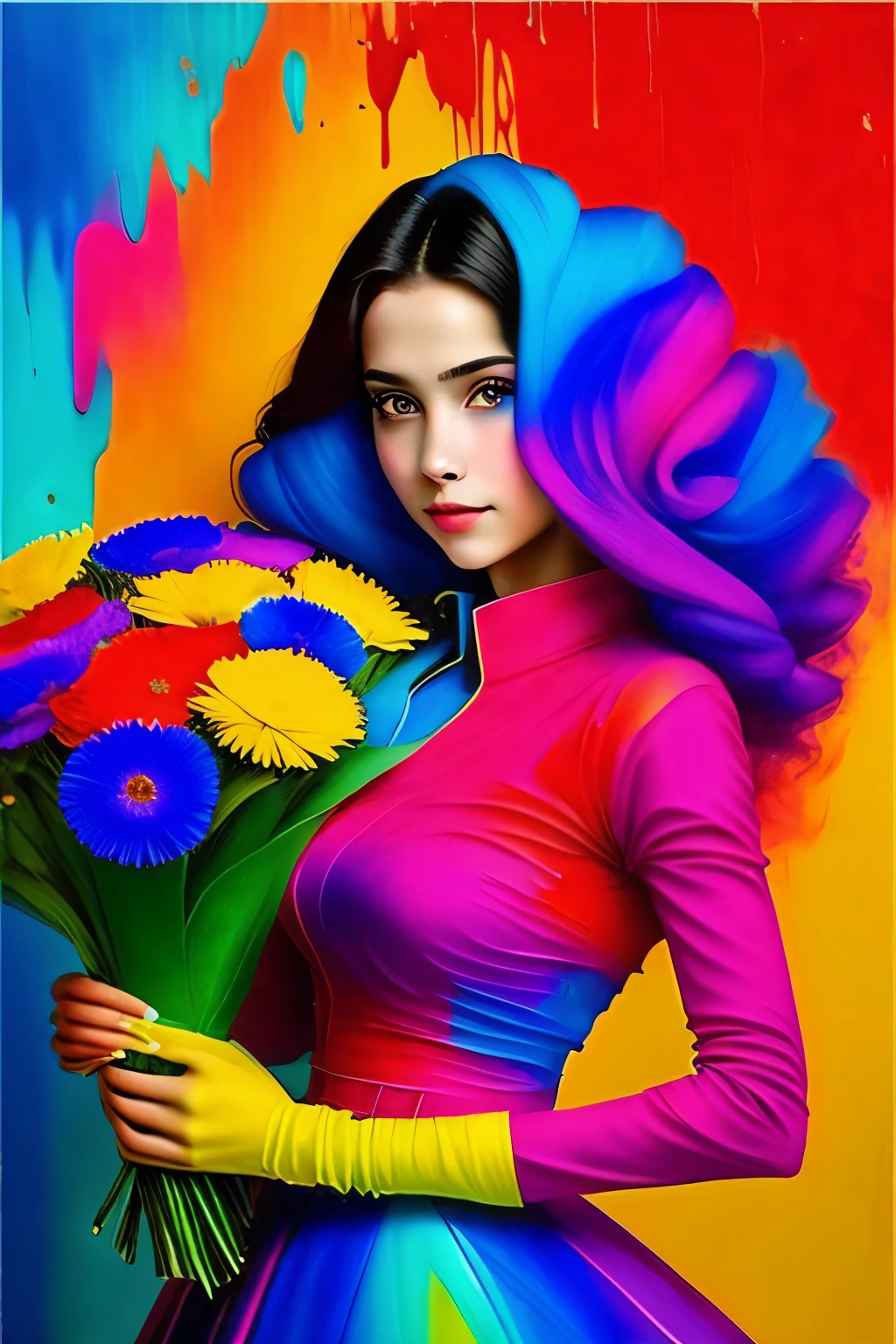 
Beautiful 19-year-old girl with a bouquet of flowers in her hands.! The magic of creating masterpieces of portrait art ! All paint colors, poured onto canvas, magically move and mix., turning into a stunningly beautiful portrait ! thick . bright and contrasting colors are simply amazing . our imagination is the creation of a masterpiece in the style of Alberto Seveso !!