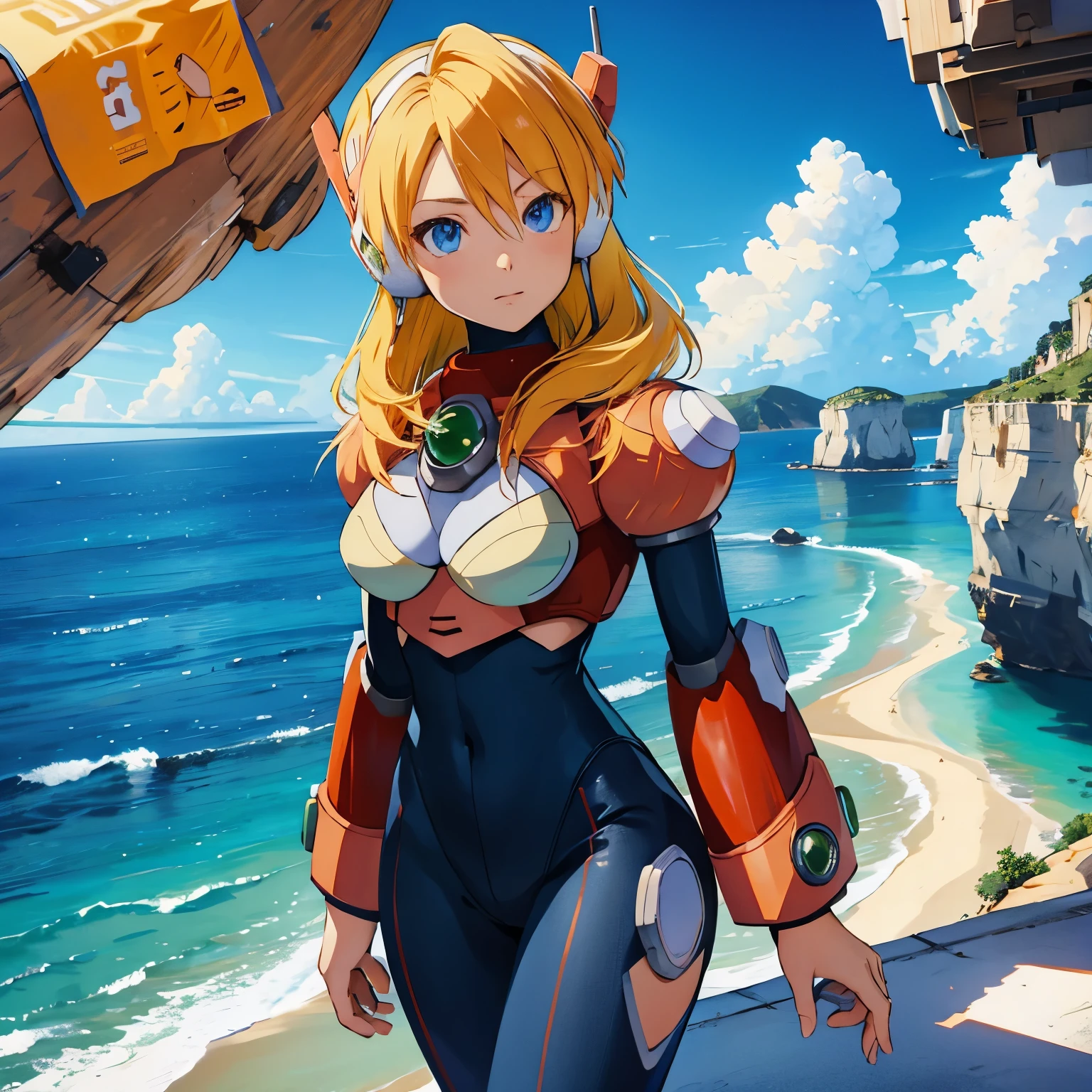 alia_megamanx, 1girl, solo, breasts, blue eyes, blonde hair, android, long hair, robot ears, overlooking the ocean on the edge of a rock, in the style of avian-themed, realistic yet stylized, villagecore, azure, orange and azure, dragoncore, aerial view