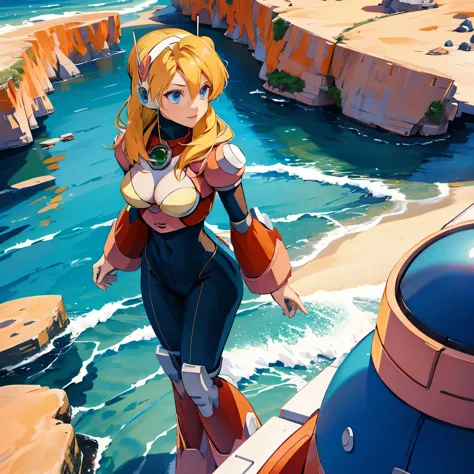 alia_megamanx, 1girl, solo, breasts, blue eyes, blonde hair, android, long hair, robot ears, overlooking the ocean on the edge o...