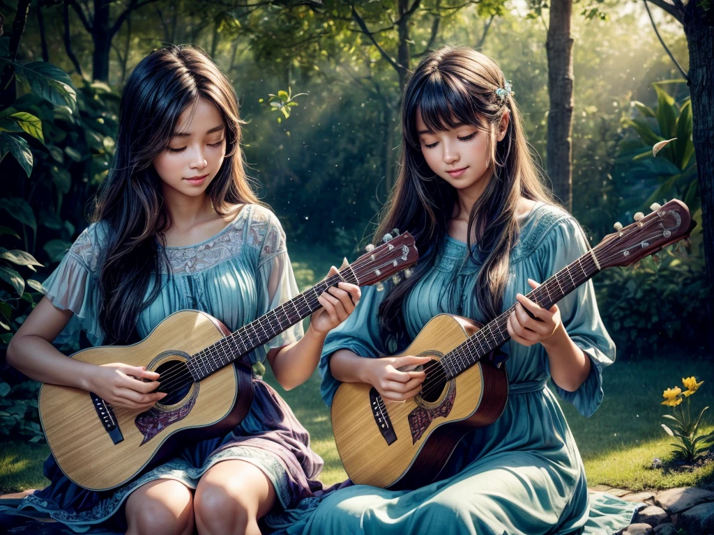 (best quality,4k,8k,highres,masterpiece:1.2),ultra-detailed,(realistic,photorealistic,photo-realistic:1.37),portrait,beautiful,serene,delicate,peaceful,emotional,talented,creative girl playing guitar,garden scene,bright sunlight,soft shadows,lush greenery,vibrant flowers,sunshine filtering through the leaves,light breeze swaying the girl's hair and dress,her fingers gently strumming the strings,her eyes closed in concentration,a smile of pure joy on her face,the guitar strings resonating with warm and melodious notes,blissful atmosphere,harmony between nature and music,colorful butterflies fluttering around,birds singing in the background,peaceful and uplifting mood