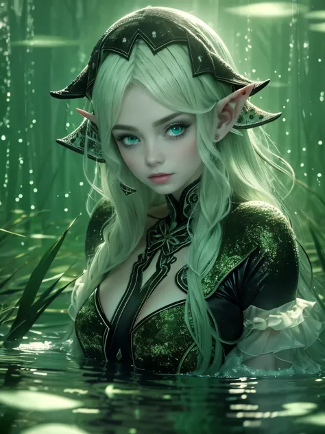 Ultra realistic and detailed photography of a beautiful elf with white skin and green hair swimming in a lake of water in a dark...