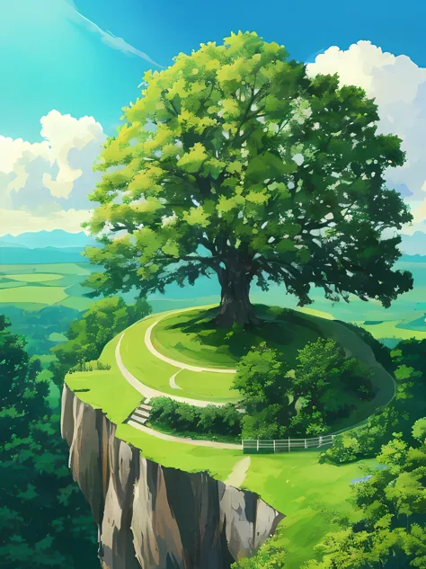 a large tree, on a small cliff edge, wide angle, spring time, beautiful, green vast plains,