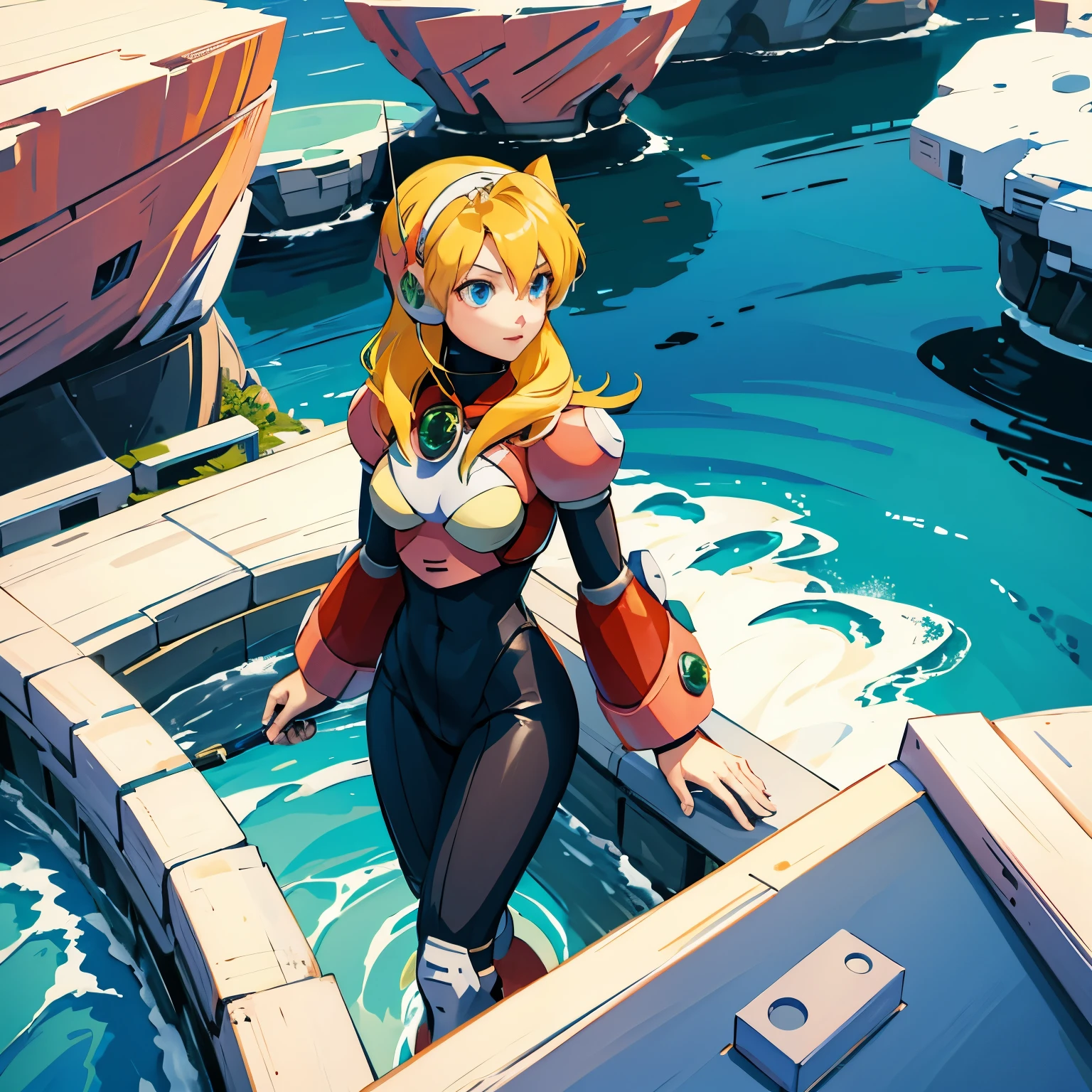 alia_megamanx, 1girl, solo, breasts, blue eyes, blonde hair, android, long hair, robot ears, overlooking the ocean on the edge of a rock, in the style of avian-themed, realistic yet stylized, villagecore, azure, orange and azure, dragoncore, aerial view