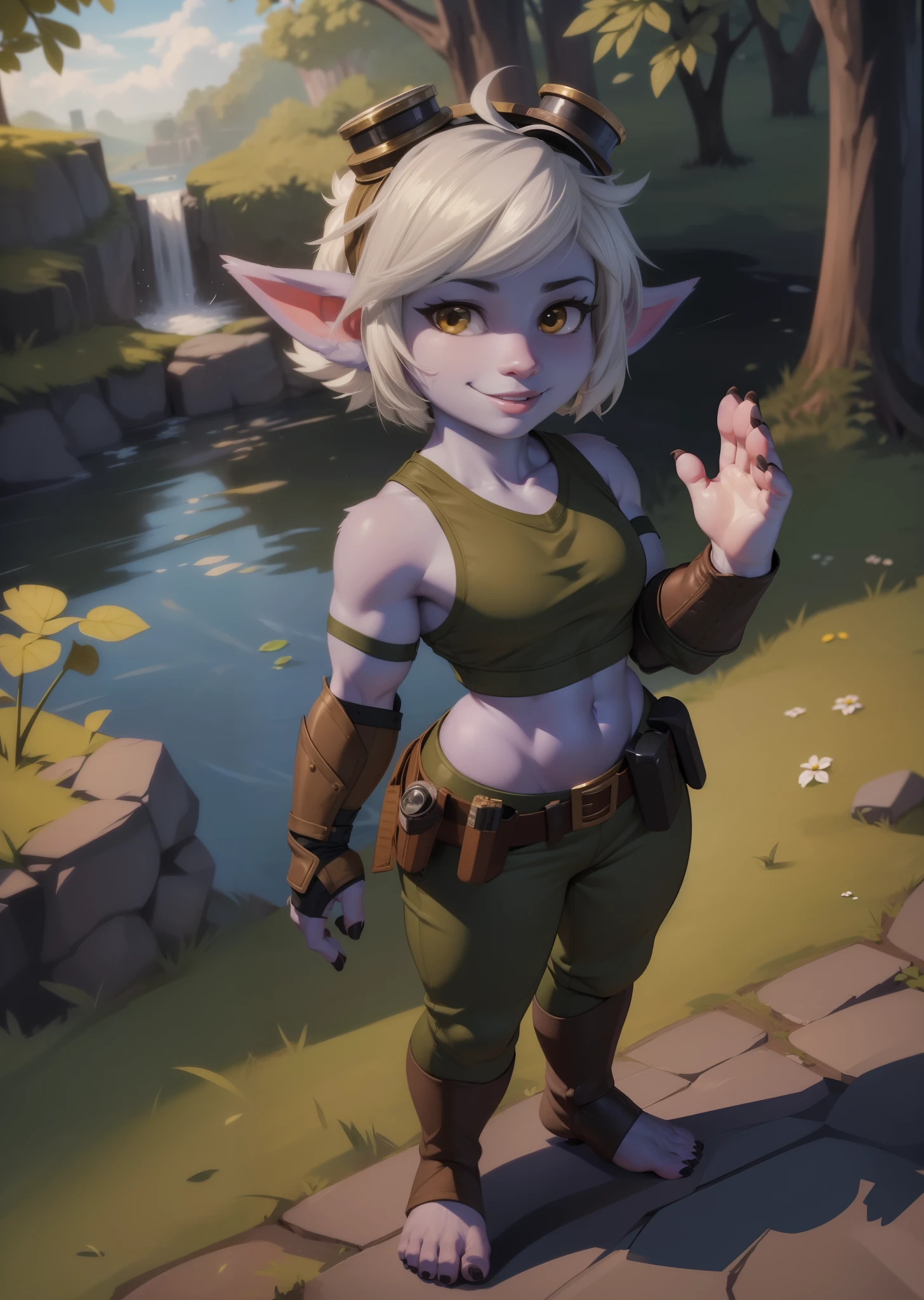 [tristana], [LOL], ((masterpiece)), ((HD)), ((high res)), ((beautiful render art)), ((solo portrait)), ((full body)), ((front view)), ((bird's-eye view)), ((feet visible)), ((detailed shading)), {(attractive), (short), yordle, (purple skin), (elf ears), (short white hair), (cute brown eyes), (detailed iris), (short eyelashes), (sharp nails), (curvy hips), (detailed abs), (thick thighs), (detailed legs), (beautiful legs), (beautiful feet), (detailed toes), (cute smile), (excited expression)}, {(green sleeveless shirt), (navel), (tight green pants), (brown belt), (utility belt), (brown gauntlets), (fingerless gloves), (toeless socks), (goggles on head)}, {(standing), (waving at viewer), (looking at viewer)}, [background; (forest), (blue sky), (sun rays), (ambient lighting)]