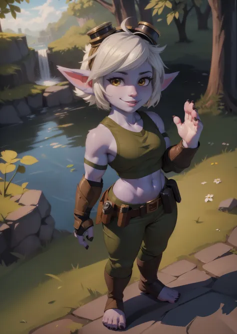 [tristana], [LOL], ((masterpiece)), ((HD)), ((high res)), ((beautiful render art)), ((solo portrait)), ((full body)), ((front view)), ((bird's-eye view)), ((feet visible)), ((detailed shading)), {(attractive), (short), yordle, (purple skin), (elf ears), (short white hair), (cute brown eyes), (detailed iris), (short eyelashes), (sharp nails), (curvy hips), (detailed abs), (thick thighs), (detailed legs), (beautiful legs), (beautiful feet), (detailed toes), (cute smile), (excited expression)}, {(green sleeveless shirt), (navel), (tight green pants), (brown belt), (utility belt), (brown gauntlets), (fingerless gloves), (toeless socks), (goggles on head)}, {(standing), (waving at viewer), (looking at viewer)}, [background; (forest), (blue sky), (sun rays), (ambient lighting)]