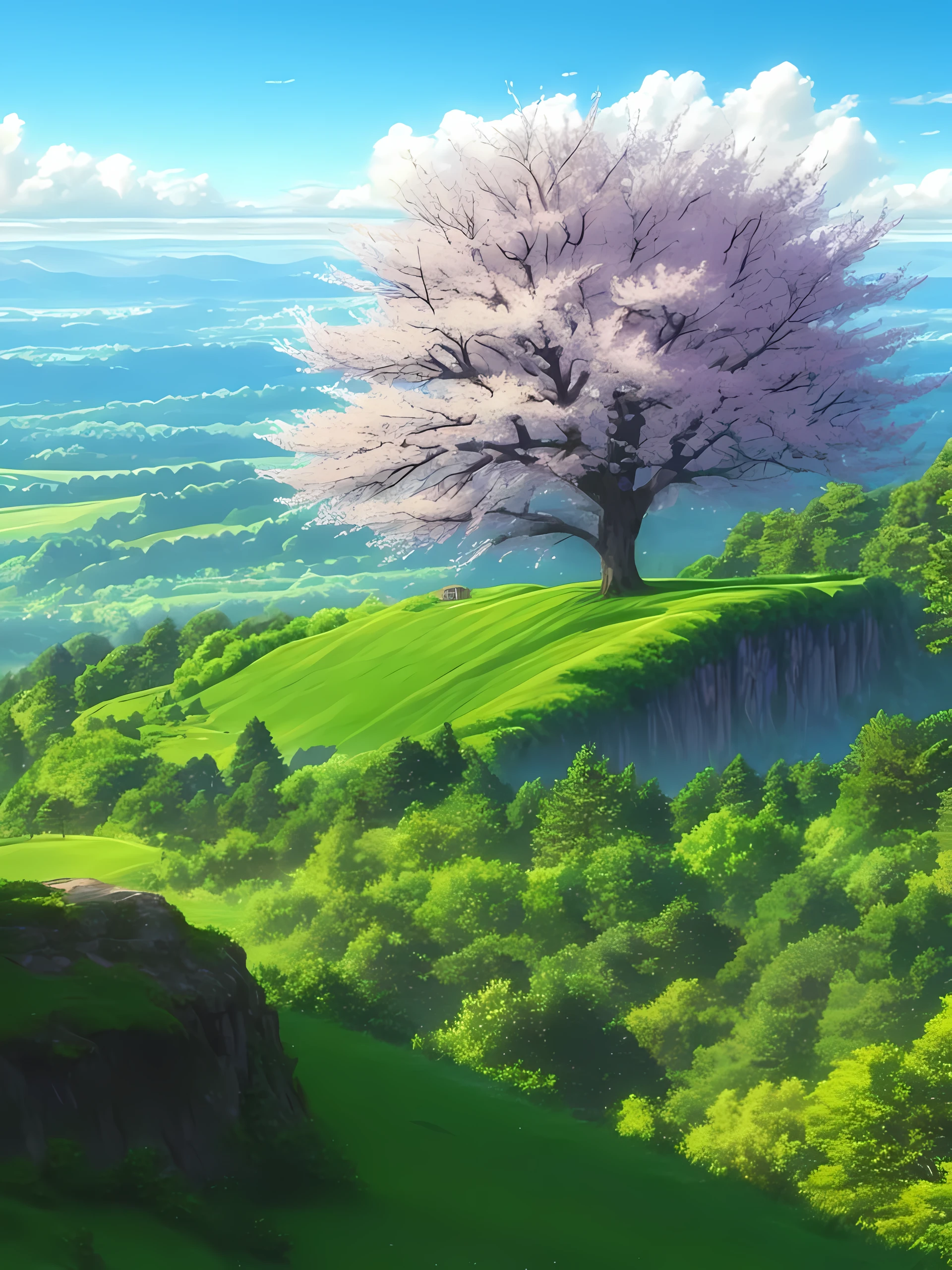 uma grande árvore, na beira de um pequeno penhasco, ângulo amplo, Primavera, lindo, vastas planícies verdes,