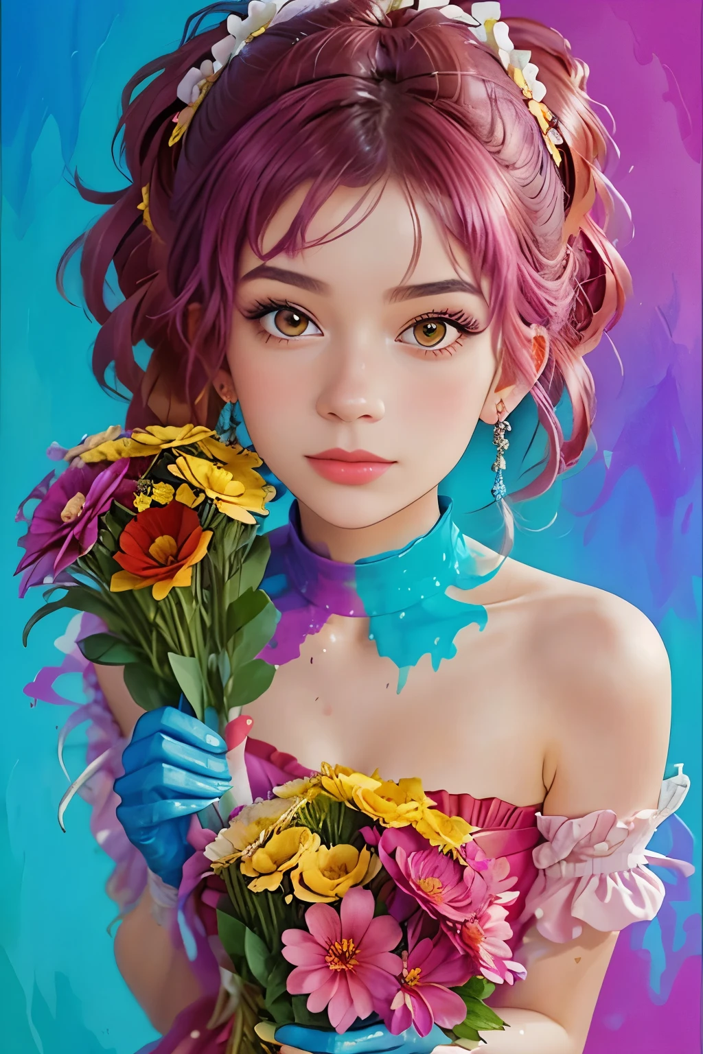 
Beautiful 19-year-old girl with a bouquet of flowers in her hands.! The magic of creating masterpieces of portrait art ! All paint colors, poured onto canvas, magically move and mix., turning into a stunningly beautiful portrait ! thick . bright and contrasting colors are simply amazing . our imagination is the creation of a masterpiece in the style of Alberto Seveso !!