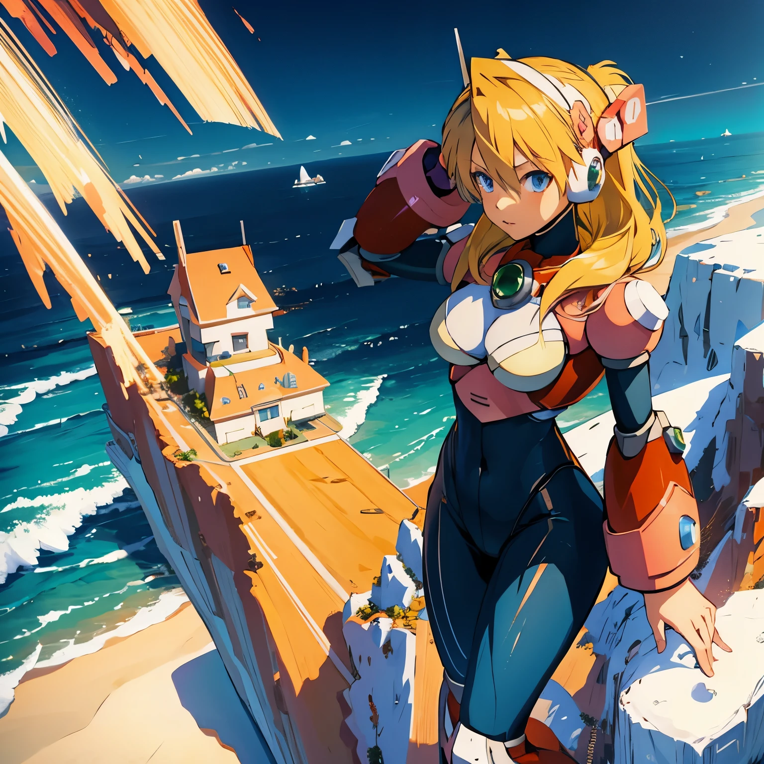 alia_megamanx, 1girl, solo, breasts, blue eyes, blonde hair, android, long hair, robot ears, overlooking the ocean on the edge of a rock, in the style of avian-themed, realistic yet stylized, villagecore, azure, orange and azure, dragoncore, aerial view