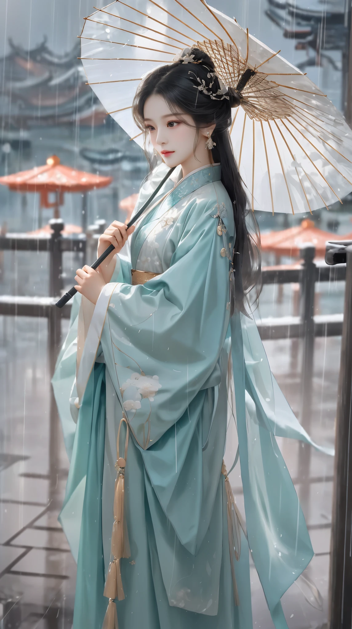 Yue Xiaofei style fashion event，Woman with oil-paper umbrella on her shoulder to protect herself from the rain, light jade, Ethereal dreams, Tang Youhong, elegant, detailed design, dansaekhwa Joil-paper umbrella Hanfu holding umbrella for rain,(Complex texture 1.5)
