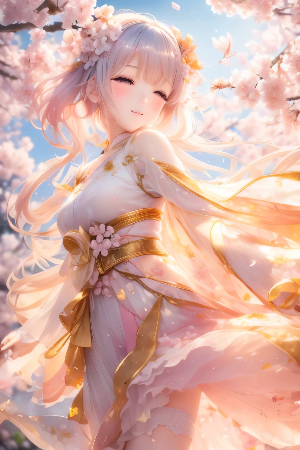 best quality, 32k, RAW photo, an innocent and beautiful sakura maiden, an innocent and beautiful girl like a cherry blossom, translucent and fluttery pastel colored hagoromo dress, sensual expression, mysterious, incredibly absurdres, extremely detailed, delicate texture, background iridescent pastel color, blooming profusely, cherry blossoms, cherry blossom petals, dancing petals, scattered gold dust, orange, wind, motion-blur, action-lines, fantasy