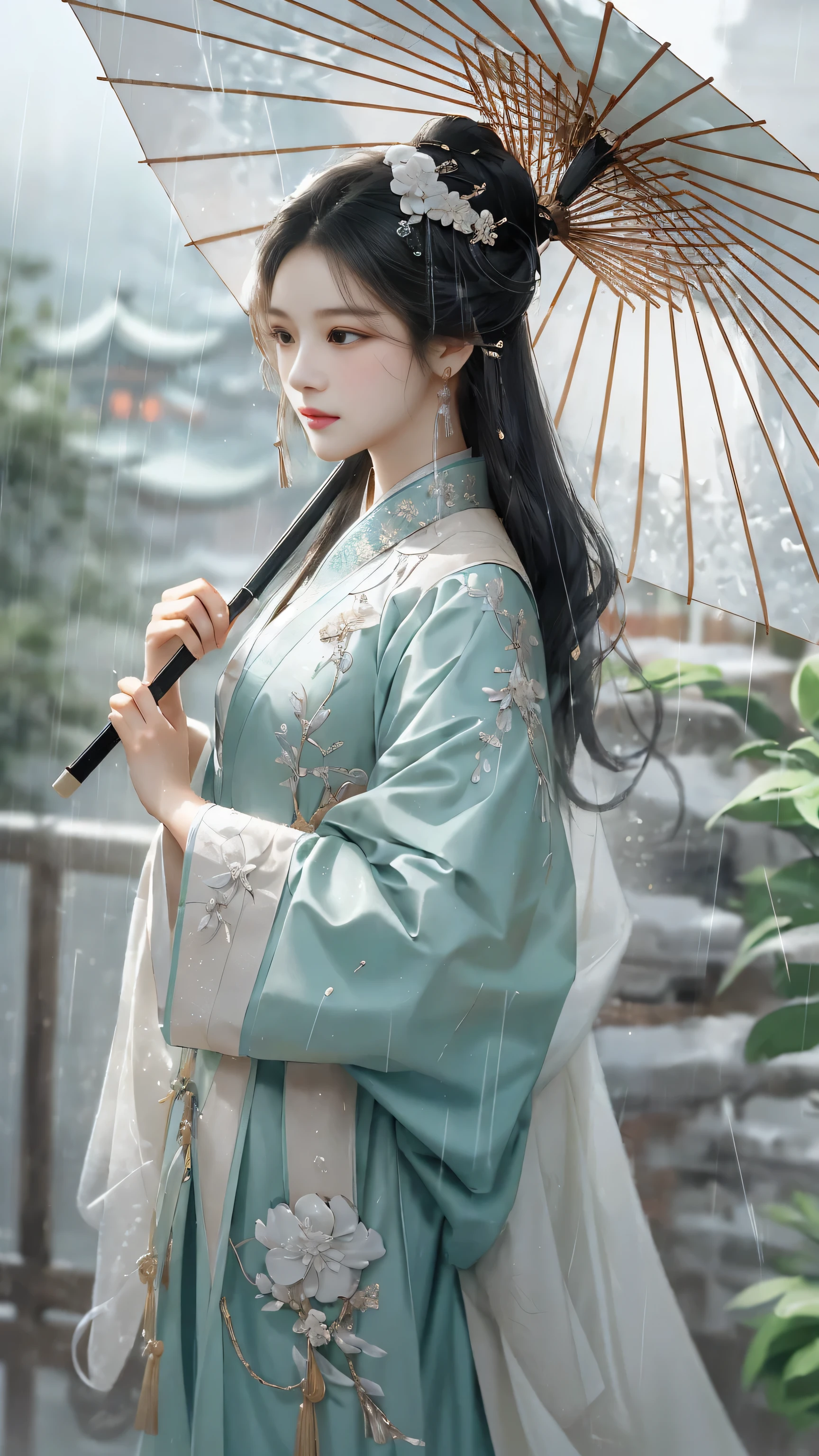 Yue Xiaofei style fashion event，Woman holding an oil-paper umbrella on her shoulders to protect herself from the rain, light jade, Ethereal dreams, Tang Youhong, elegant, detailed design, dansaekhwa paper umbrella Hanfu holding umbrella when it rains,(Complex texture 1.5)
