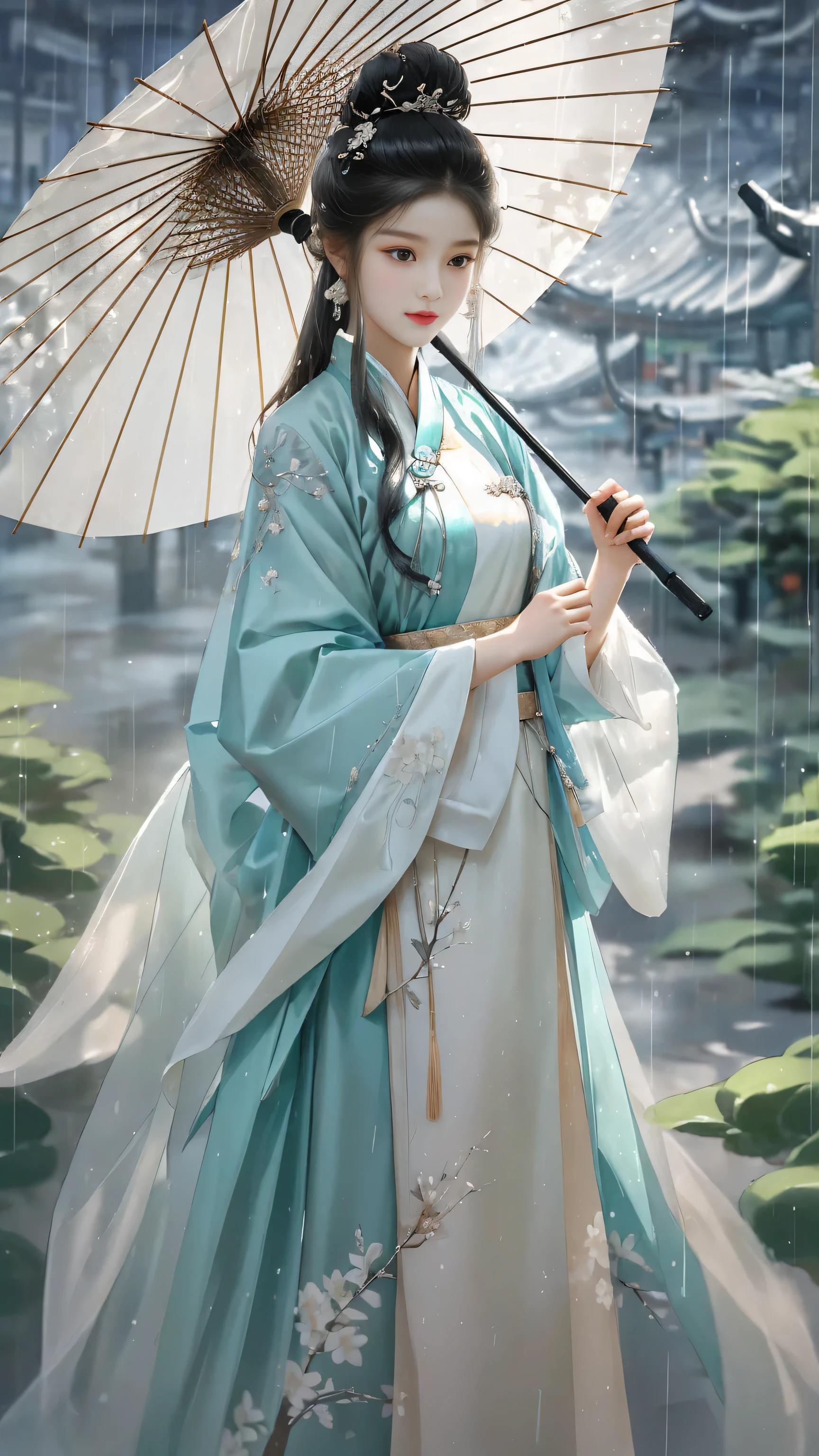 Yue Xiaofei style fashion event，Woman holding an oil-paper umbrella on her shoulders to protect herself from the rain, light jade, Ethereal dreams, Tang Youhong, elegant, detailed design, dansaekhwa paper umbrella Hanfu holding umbrella when it rains,(Complex texture 1.5)
