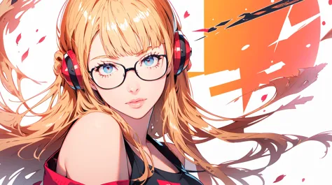 masutepiece, Best Quality, hight resolution, 1girl in, futaba sakura, Blunt bangs, eye glassesの,purple eyes , Ahoge,orange color...