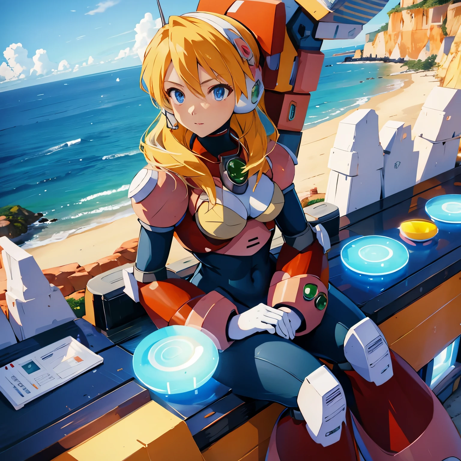 alia_megamanx, 1girl, solo, breasts, blue eyes, blonde hair, android, long hair, robot ears, overlooking the ocean on the edge of a rock, in the style of avian-themed, realistic yet stylized, villagecore, azure, orange and azure, dragoncore, aerial view