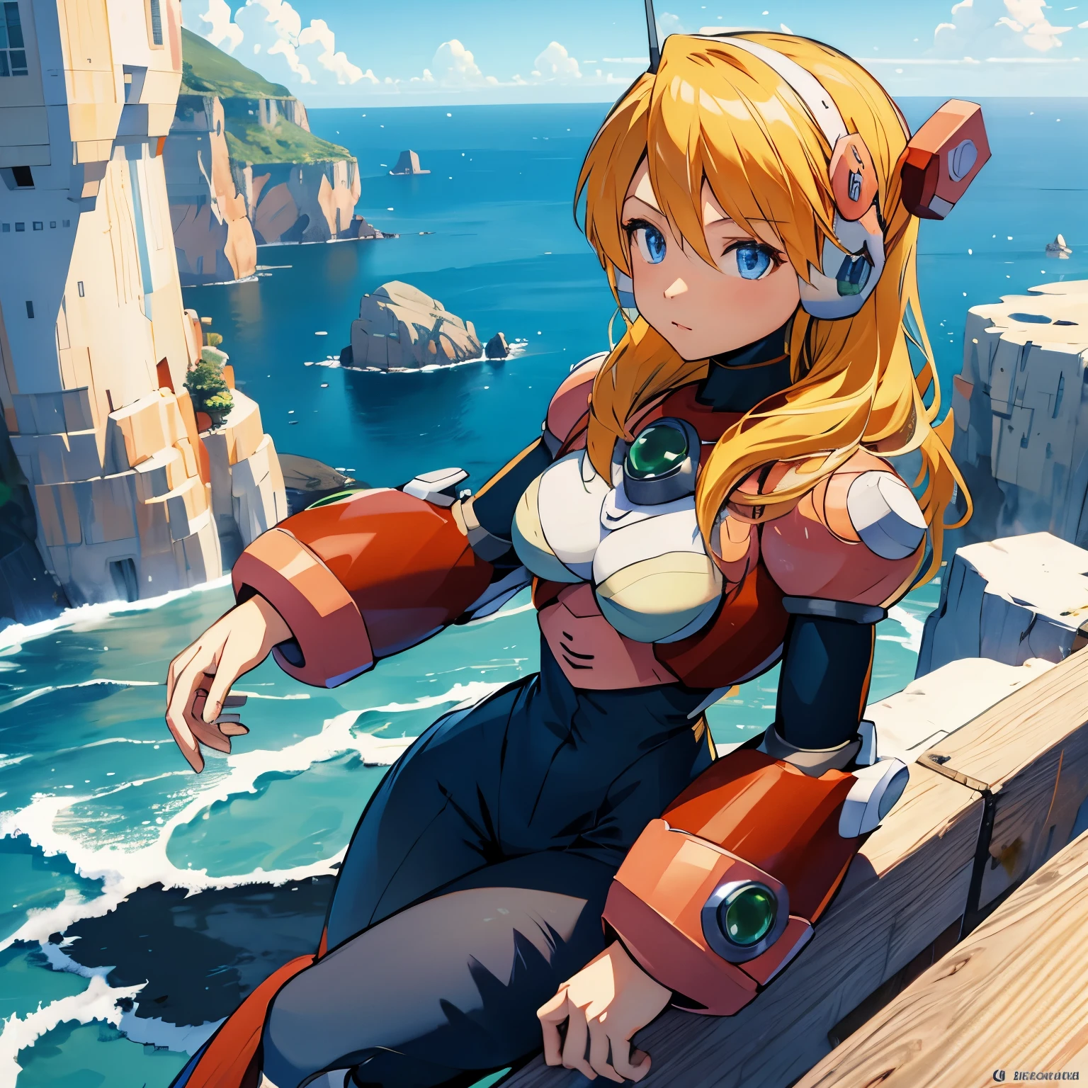 alia_megamanx, 1girl, solo, breasts, blue eyes, blonde hair, android, long hair, robot ears, overlooking the ocean on the edge of a rock, in the style of avian-themed, realistic yet stylized, villagecore, azure, orange and azure, dragoncore, aerial view