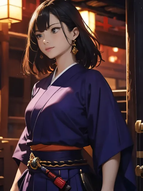 highest quality、black haired woman、japanese、female swordsman、purple hakama、sharp eyes、equipped with a sword at the waist、have a ...