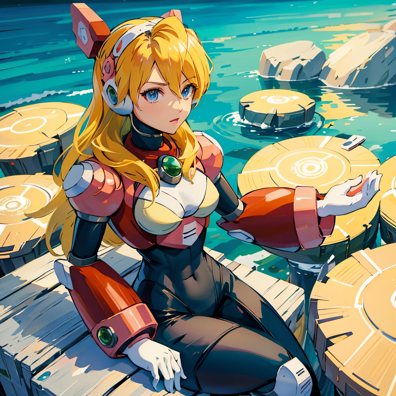 alia_megamanx, 1girl, solo, breasts, blue eyes, blonde hair, android, long hair, robot ears, overlooking the ocean on the edge of a rock, in the style of avian-themed, realistic yet stylized, villagecore, azure, orange and azure, dragoncore, aerial view