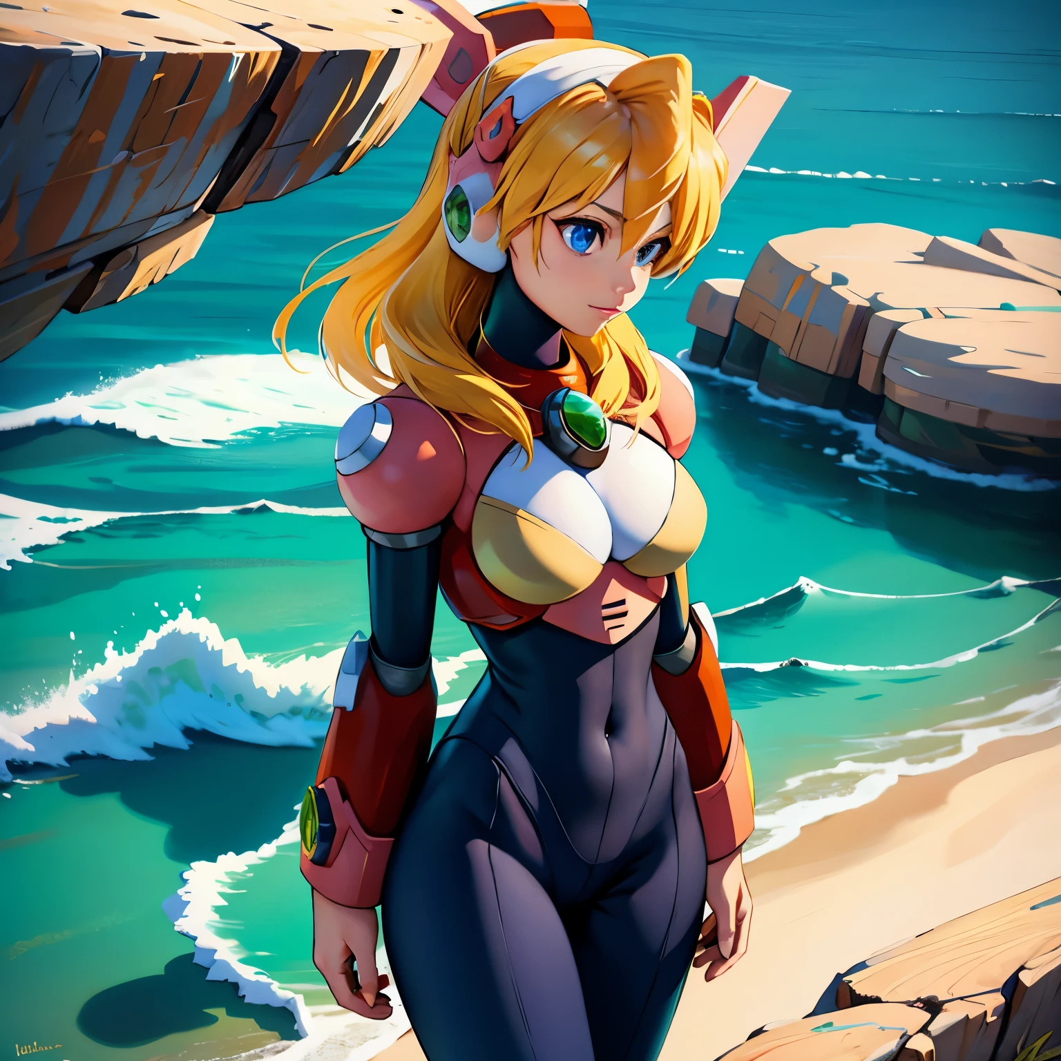 alia_megamanx, 1girl, solo, breasts, blue eyes, blonde hair, android, long hair, robot ears, overlooking the ocean on the edge of a rock, in the style of avian-themed, realistic yet stylized, villagecore, azure, orange and azure, dragoncore, aerial view