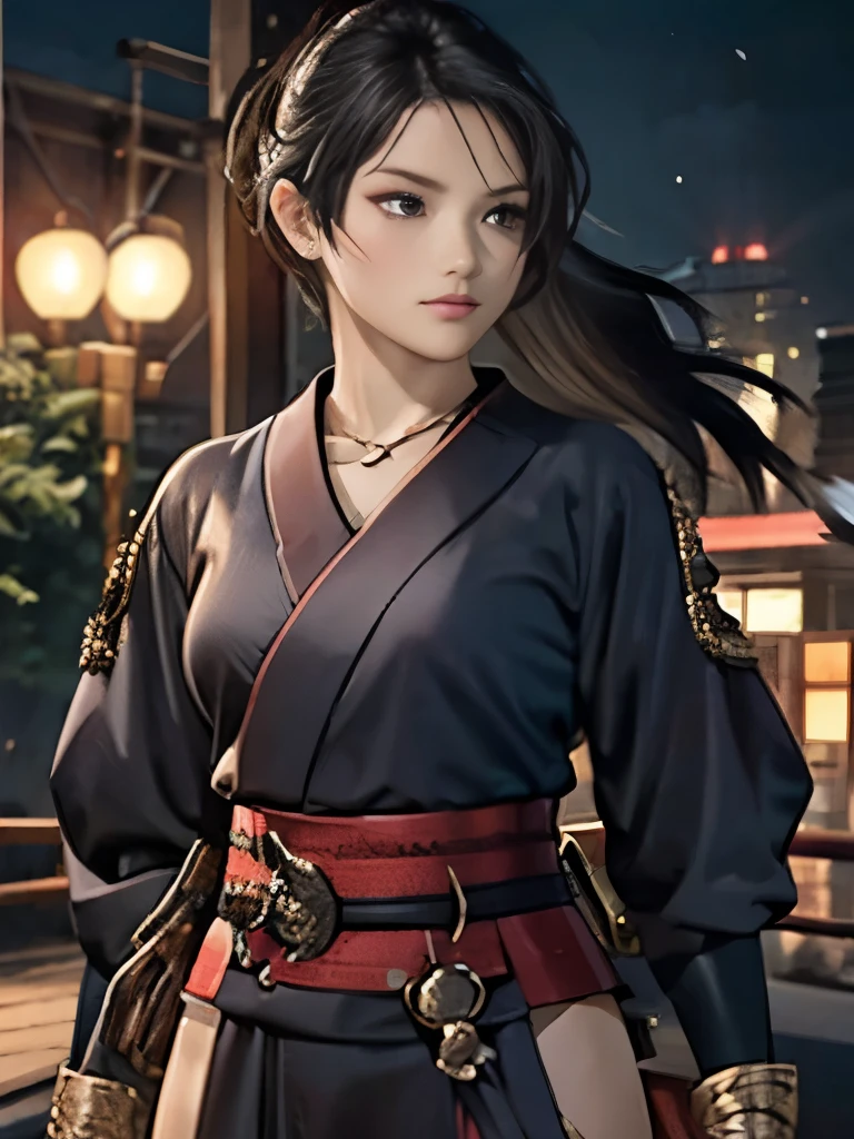 highest quality、black haired woman、Japanese、female swordsman、Purple Hakama、sharp eyes、Equipped with a sword at the waist、have a sword、wilderness at dusk、Middle Ages Japan