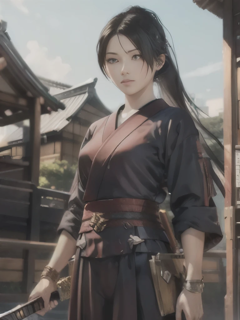 highest quality、black haired woman、Japanese、female swordsman、Purple Hakama、sharp eyes、Equipped with a sword at the waist、have a sword、wilderness at dusk、Middle Ages Japan