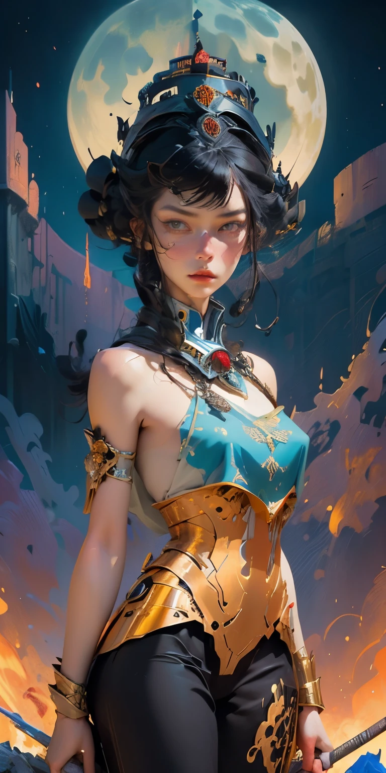 Beautiful extremely tall female feminine pretorianesque castle guard stands watch, holding a long sharped war scythe, clad in alien mechanically complex foreign armor, helmet with long grebes of red blue and gold, armor of gold silver pearl and onyx, alien desert planet mountainous background, high elegant castle walls and gate, a guard at the gate, anger, determination, pained, stands stoically, oil painting art style, oil paint brush strokes, 64k resolution, hyperdetailed, classical science fiction in the style of James Chambers,