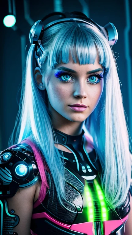 Alice in Wonderland, TRON style, Alicia, Blonde, hair made from bionic implants, detailed cyborg girl, light blue led eyescyborg woman| biopunk| Cybernetics | cyberpunk | canon m50| 100mm| sharp focus | gently| hyperrealism | Very detailed| intricate details