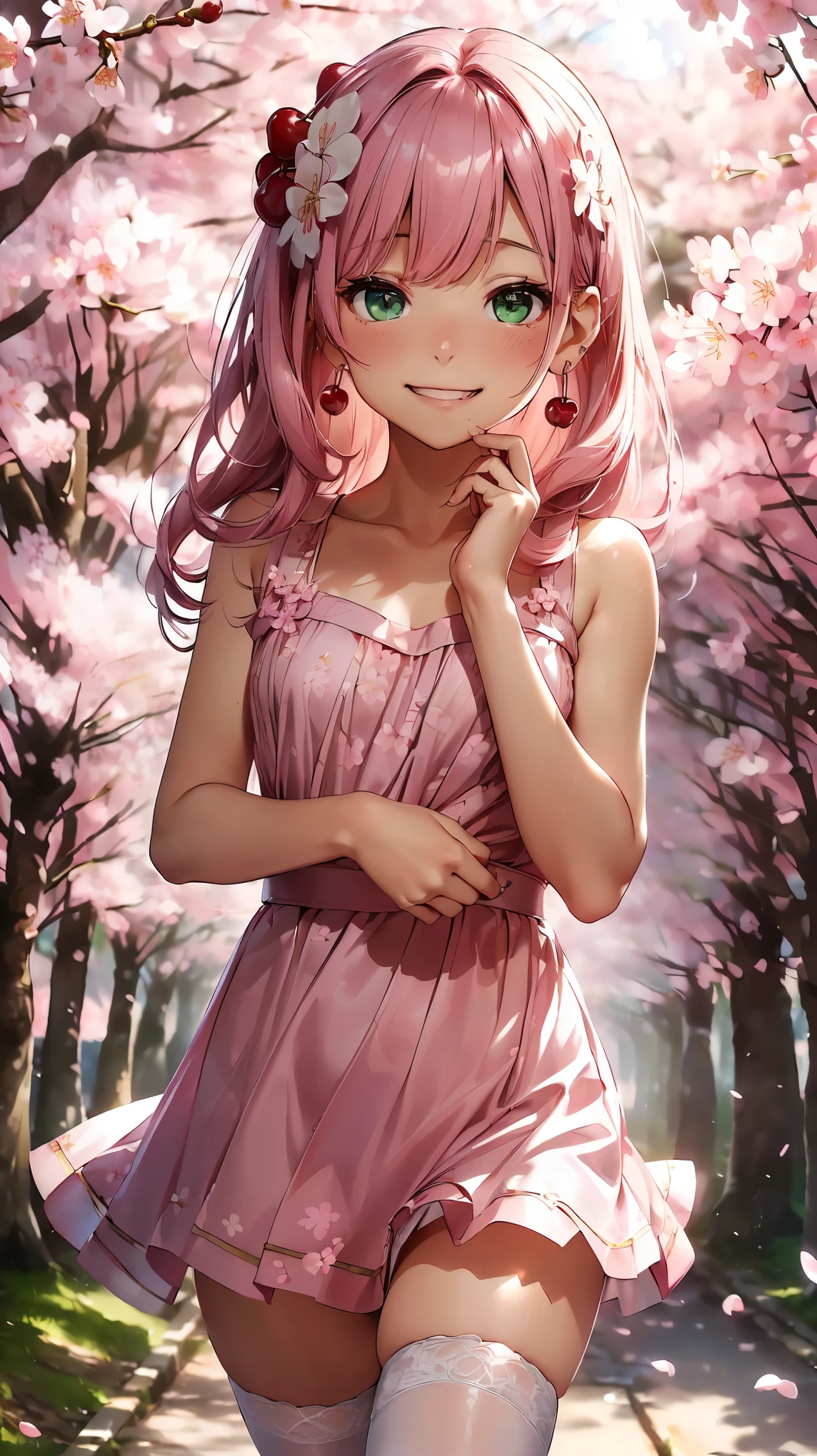 (8k, RAW photo, 最high quality, masterpiece:1.2), High-definition RAW color photo, Professional photo shoot, cinematic light, alone, (((cherry blossom woman, cherry blossom fairy))), (detailed expression), (small face), (high detail skin:1.2), clavicle, cute face, beautiful appearance, long eyelashes, (pink hair, long straight hair, green eyes), ((Pink earrings)), (slim body shape:1.4), very detailed顔と肌の質感, fine eyes, double eyelid, (((shy smile:1.5))), ((asymmetrical bangs:1.2)), ((natural posture:1.5, photo shootのためポーズをとる, sexy pose)), (Cherry blossom forest scenery:1.5), Joy and excitement, ((sexy shot, pink dress with cherry blossoms, sheer dress, frills and ribbons:1.2, pink knee highs, mini skirt, seductive thighs, Dazzling aura around, The Art of Light)), (Scattered cherry blossom petals:1.5), beautiful skin, shiny skin, perfect fingers, five fingers, anatomically correct, background bokeh, high quality, surreal, bright colors, ((Nikon, 135㎜, f/1.8, very detailed, Lens flare, photo shoot)),