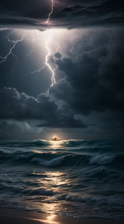 Jesus walking on water in an ocean storm with lots of lightning, obra de arte, melhor qualidade, alta qualidade, extremamente de...