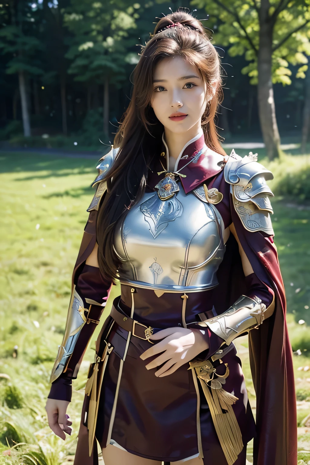 masterpiece，Best quality，A high resolution，8K，Original photo，real photo，Ancient city wall battlefield background,((field：1.8))，digital photography，(Female generals on the battlefield in the Han Dynasty)，(((standing on the grass)))，1 girl，（long ponytail hairstyle)，cparted lips，Full and erect breasts，Noble and charming，Elegant and serious，(Thick purple fish scale armor），Long red cape，The combination of white metal and red leather，Chest covered with gold armor，metallic luster，Leather buckle，Exquisite pattern，mysterious badge，Cool and gorgeouig breasts))，Chest groove，Three Kingdoms character painting style，Photo pose，oc render reflection texture，bright shades，No shadows on the face，charming smile，Head-up shot，