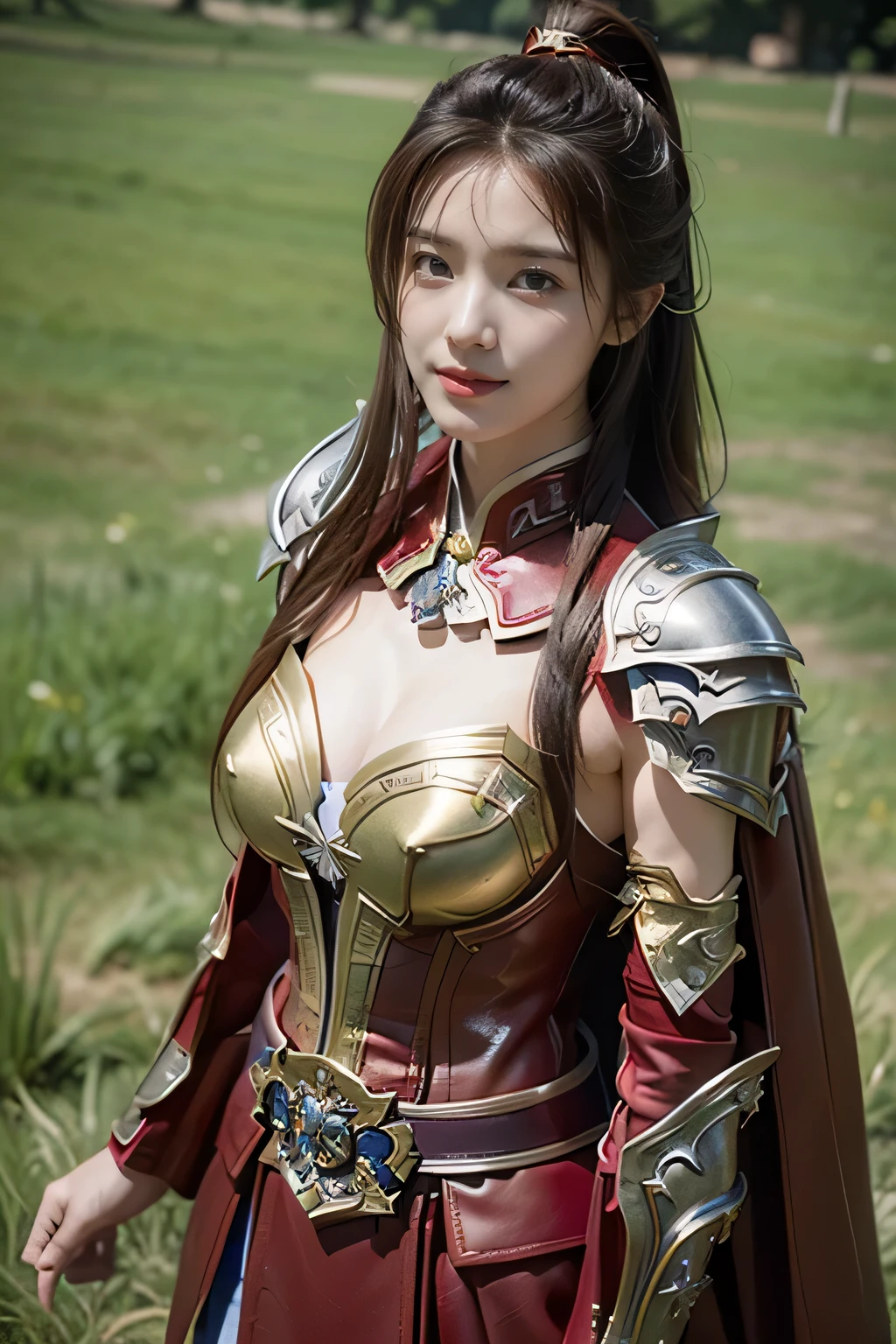 masterpiece，Best quality，A high resolution，8K，Original photo，real photo，Ancient city wall battlefield background,((field：1.8))，digital photography，(Female generals on the battlefield in the Han Dynasty)，(((standing on the grass)))，1 girl，（long ponytail hairstyle)，cparted lips，Full and erect breasts，Noble and charming，Elegant and serious，(Thick purple fish scale armor），Long red cape，The combination of white metal and red leather，Chest covered with gold armor，metallic luster，Leather buckle，Exquisite pattern，mysterious badge，Cool and gorgeouig breasts))，Chest groove，Three Kingdoms character painting style，Photo pose，oc render reflection texture，bright shades，No shadows on the face，charming smile，Head-up shot，