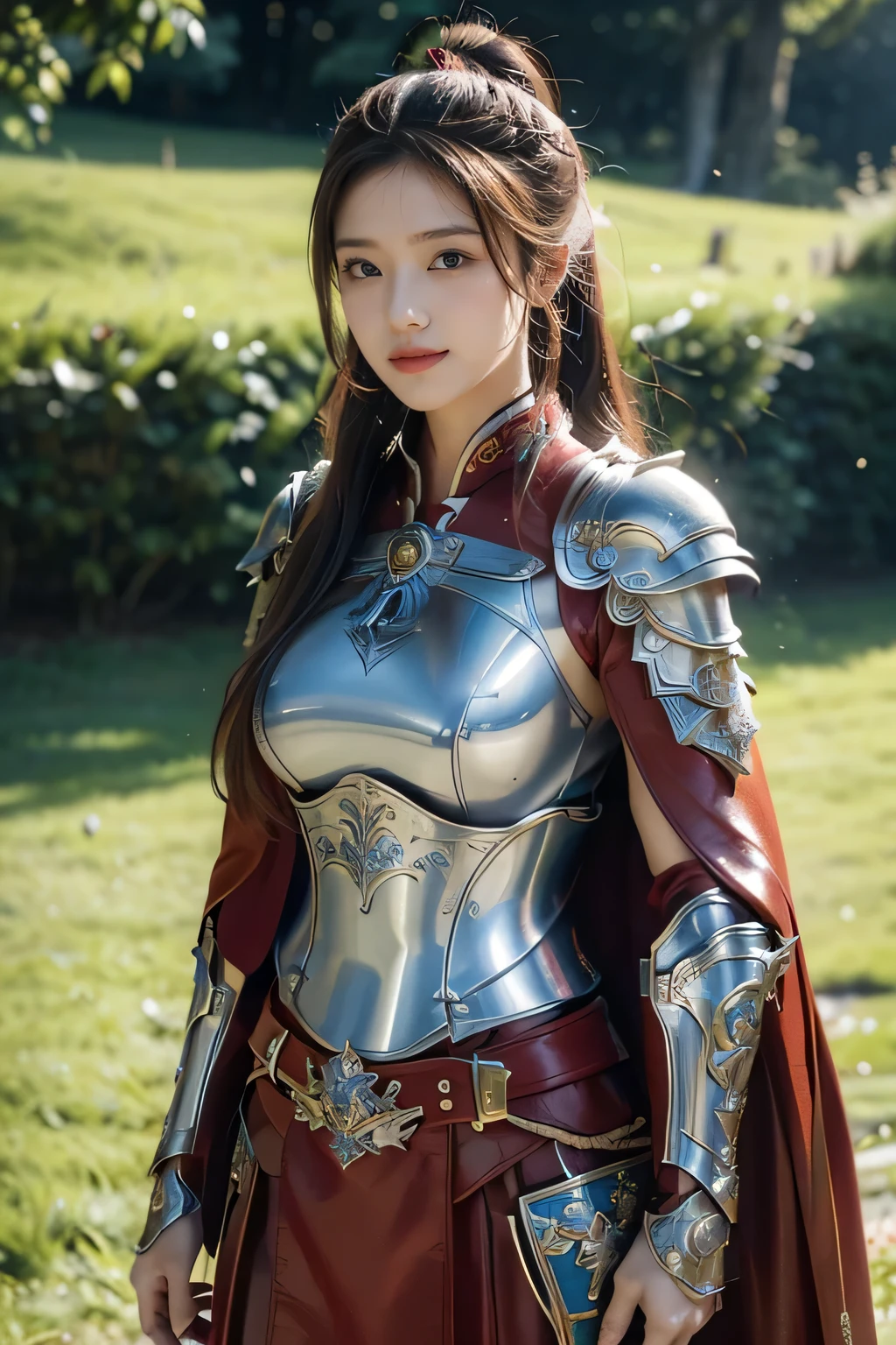 masterpiece，Best quality，A high resolution，8K，Original photo，real photo，Ancient city wall battlefield background,((field：1.8))，digital photography，(Female generals on the battlefield in the Han Dynasty)，(((standing on the grass)))，18-year-old girl，（long ponytail hairstyle)，cparted lips，Full and erect breasts，Noble and charming，Elegant and serious，(Thick metal fish scale armor），Long red cape，The combination of white metal and red leather，Chest covered with gold armor，metallic luster，Leather buckle，Exquisite pattern，mysterious badge，Cool and gorgeouig breasts))，Chest groove，Three Kingdoms character painting style，Photo pose，oc render reflection texture，bright shades，No shadows on the face，charming smile，Head-up shot，