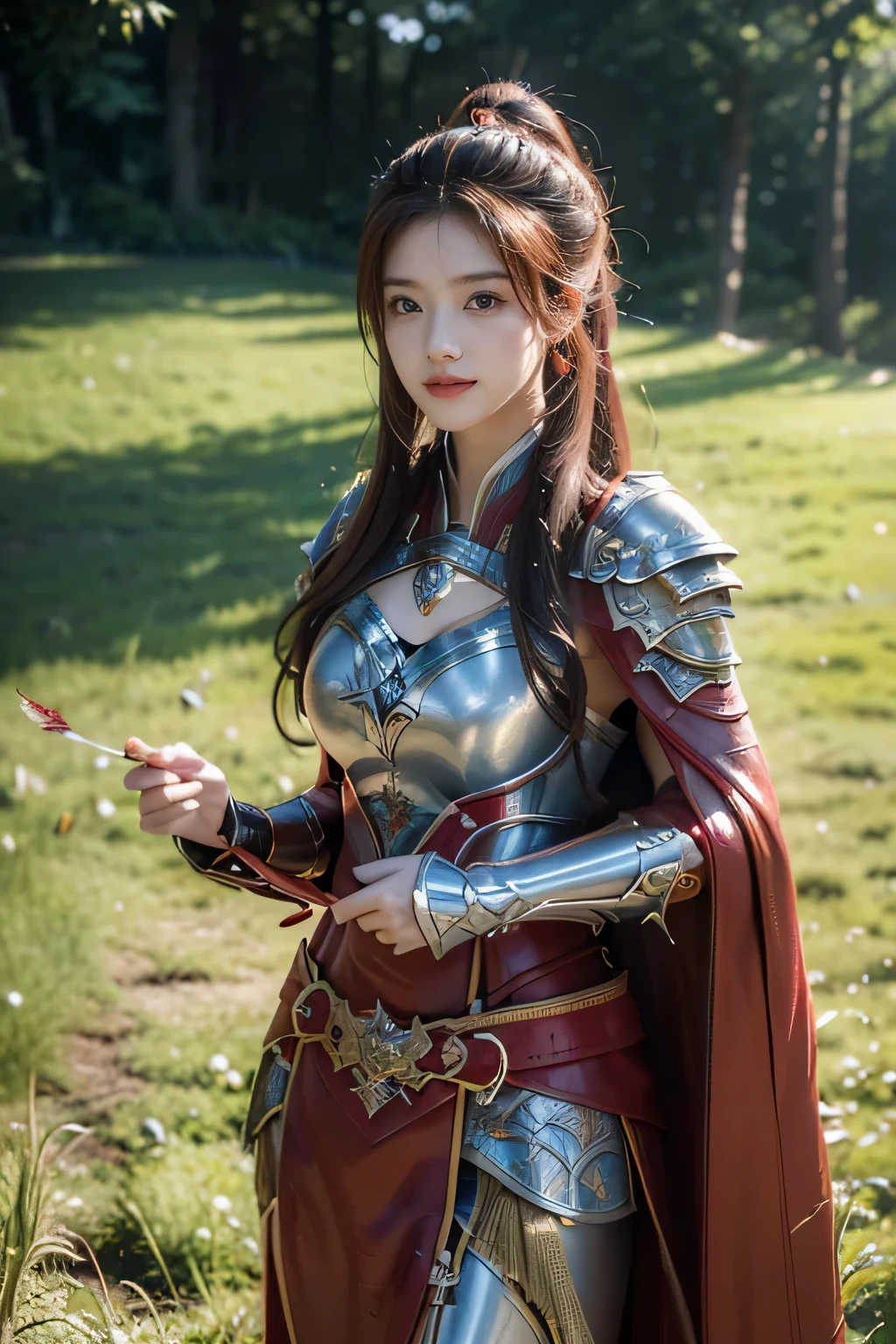 masterpiece，Best quality，A high resolution，8K，Original photo，real photo，Ancient city wall battlefield background,((field：1.8))，digital photography，(Female generals on the battlefield in the Han Dynasty)，(((standing on the grass)))，18-year-old girl，（long ponytail hairstyle)，cparted lips，Full and erect breasts，Noble and charming，Elegant and serious，(Thick metal fish scale armor），Long red cape，The combination of white metal and red leather，Chest covered with gold armor，metallic luster，Leather buckle，Exquisite pattern，mysterious badge，Cool and gorgeouig breasts))，Chest groove，Three Kingdoms character painting style，Photo pose，oc render reflection texture，bright shades，No shadows on the face，charming smile，Head-up shot，